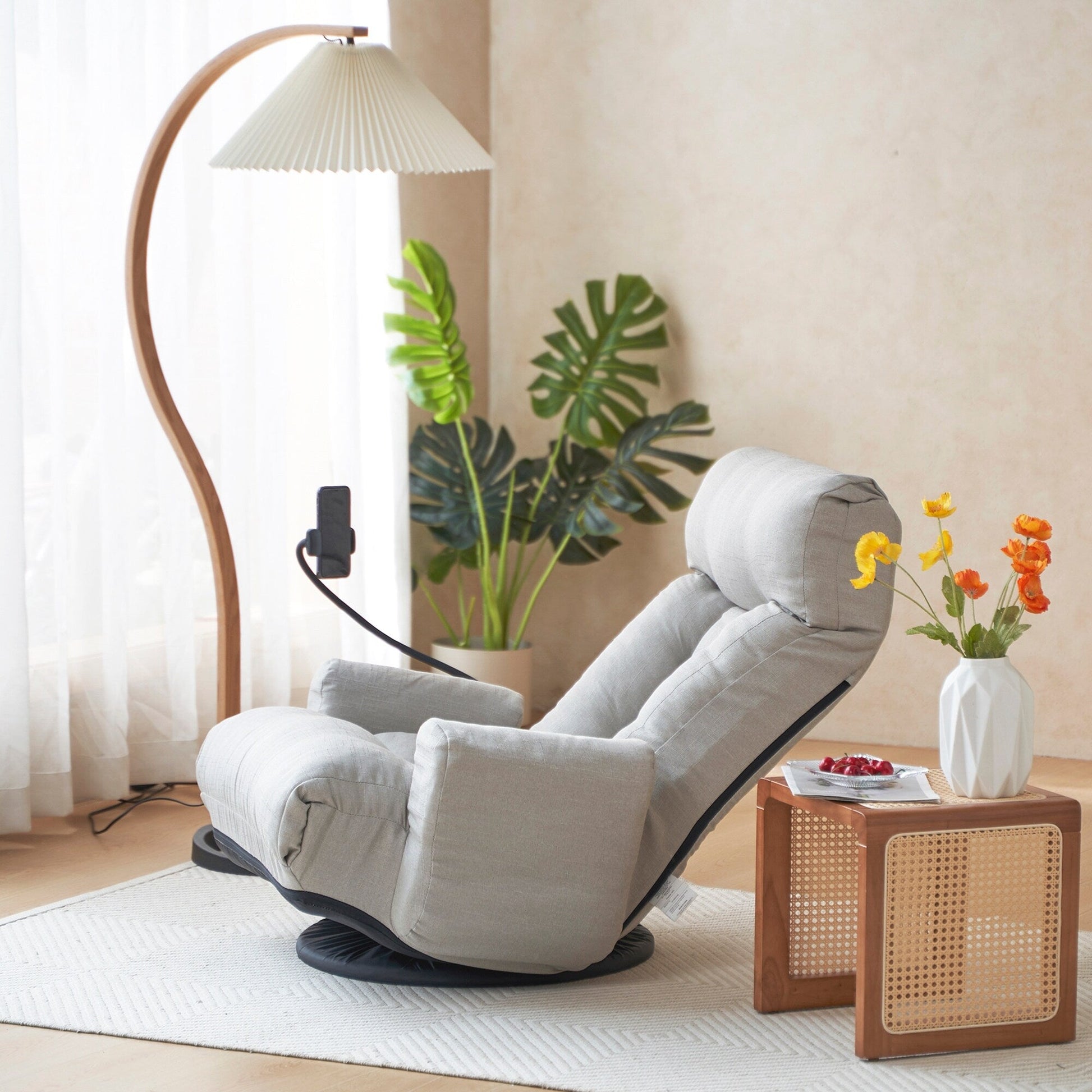 Fauteuil pivotant à 360 degrés, chaise de salon réglable, chaise de jeu pliable et inclinable avec porte-téléphone.