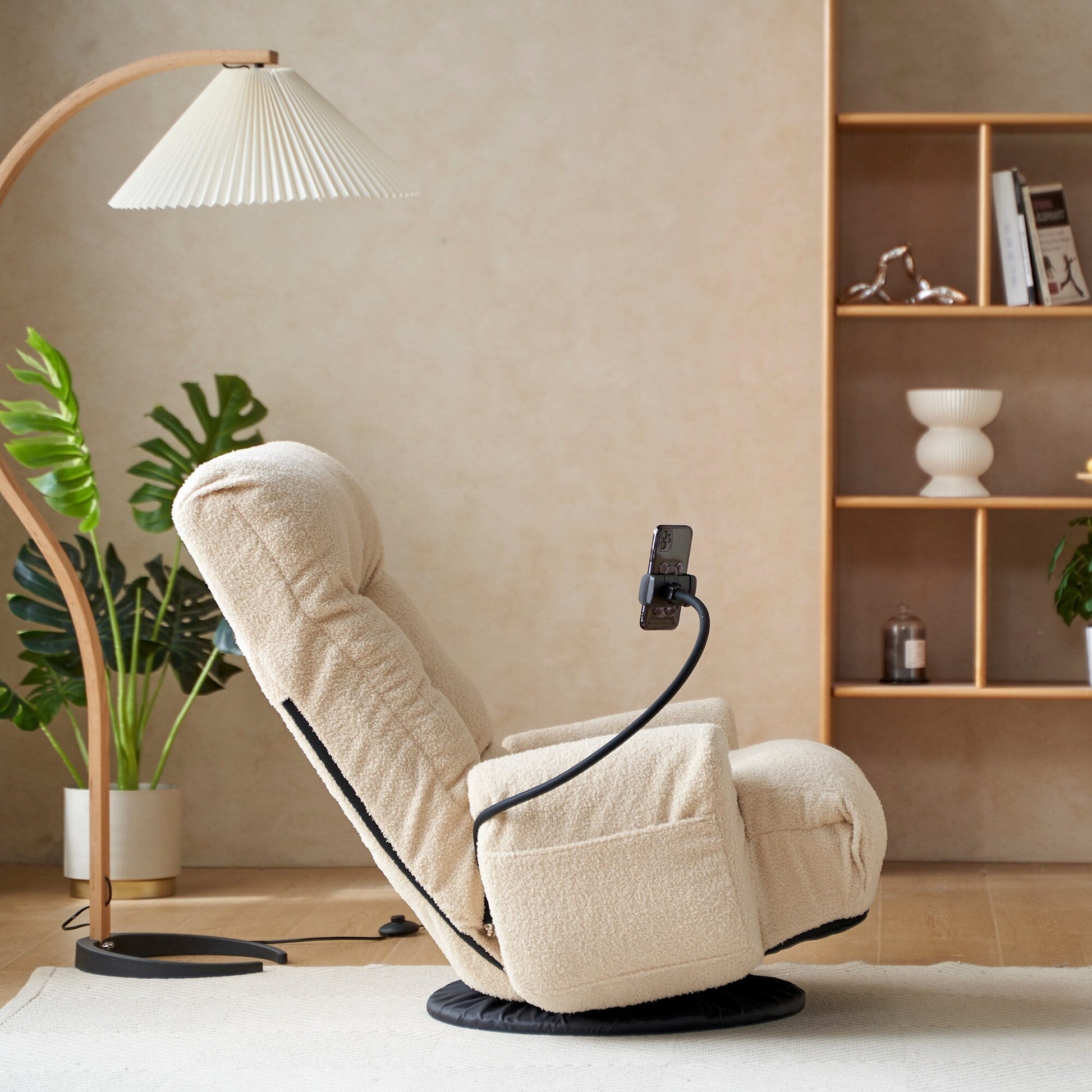 Fauteuil pivotant à 360 degrés, chaise de salon réglable, chaise de jeu pliable et inclinable avec porte-téléphone.