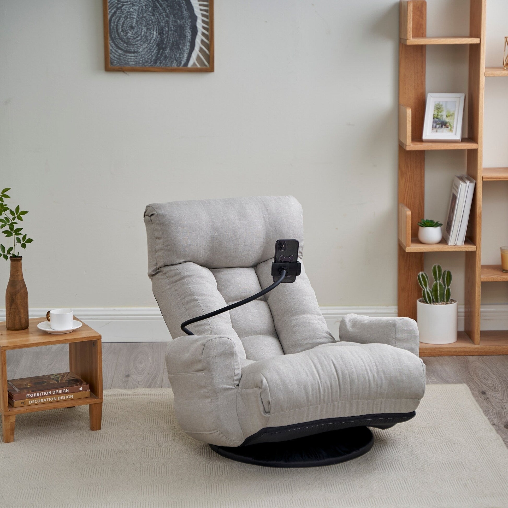 Fauteuil pivotant à 360 degrés, chaise de salon réglable, chaise de jeu pliable et inclinable avec porte-téléphone.