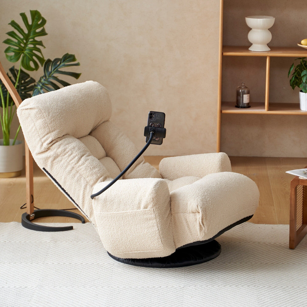 Fauteuil pivotant à 360 degrés, chaise de salon réglable, chaise de jeu pliable et inclinable avec porte-téléphone.