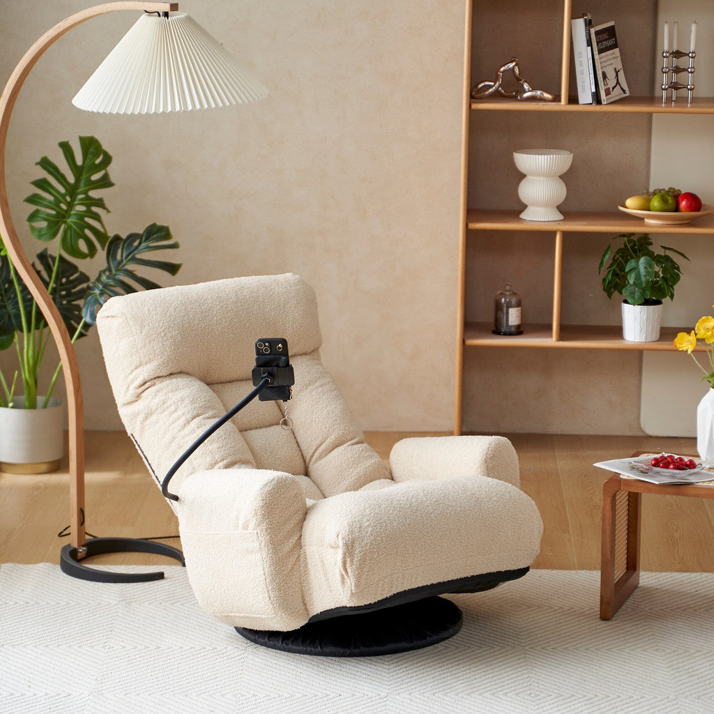 Fauteuil pivotant à 360 degrés, chaise de salon réglable, chaise de jeu pliable et inclinable avec porte-téléphone.