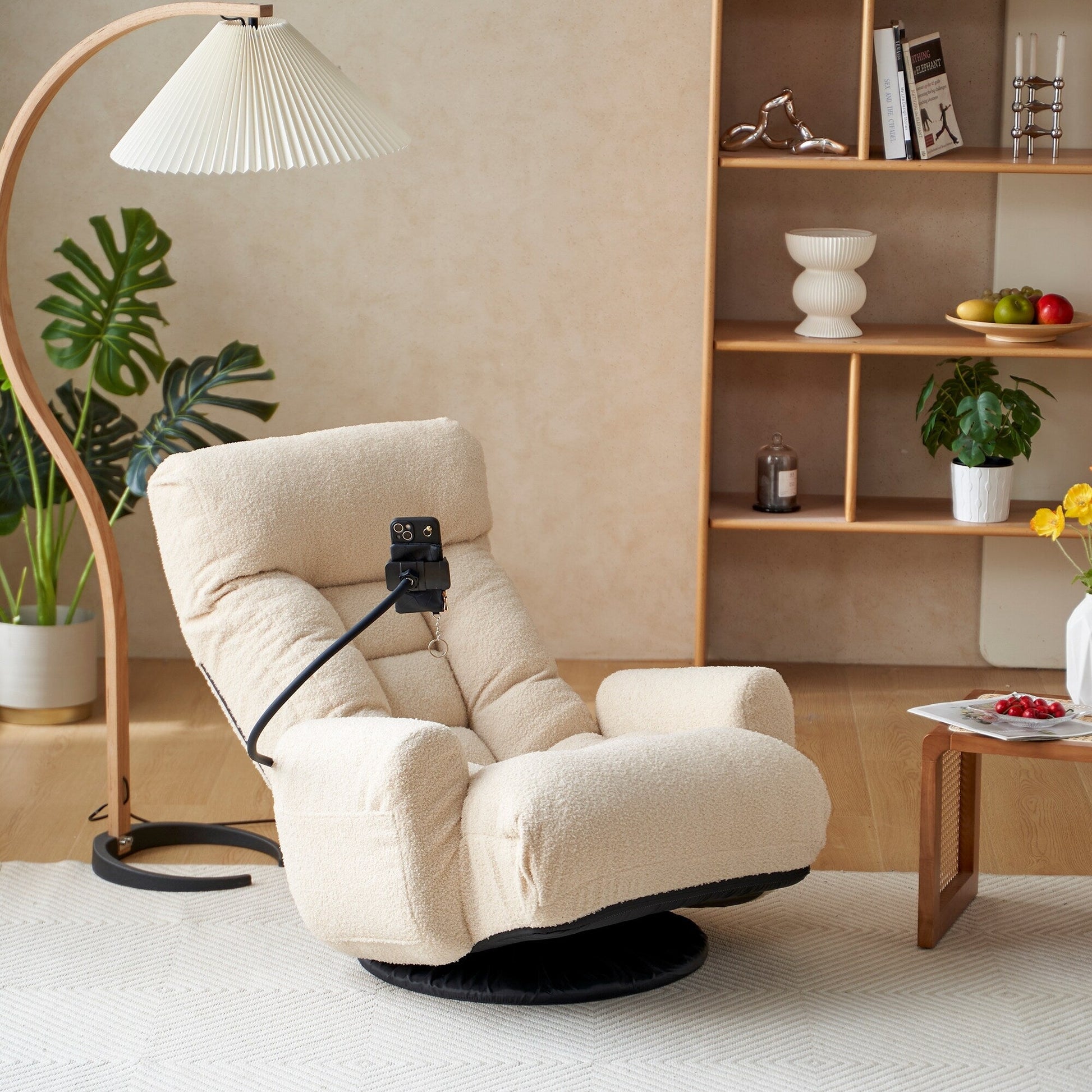 Fauteuil pivotant à 360 degrés, chaise de salon réglable, chaise de jeu pliable et inclinable avec porte-téléphone.