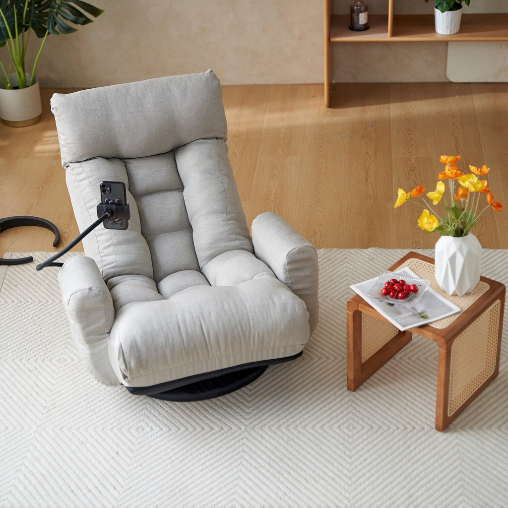 Fauteuil pivotant à 360 degrés, chaise de salon réglable, chaise de jeu pliable et inclinable avec porte-téléphone.