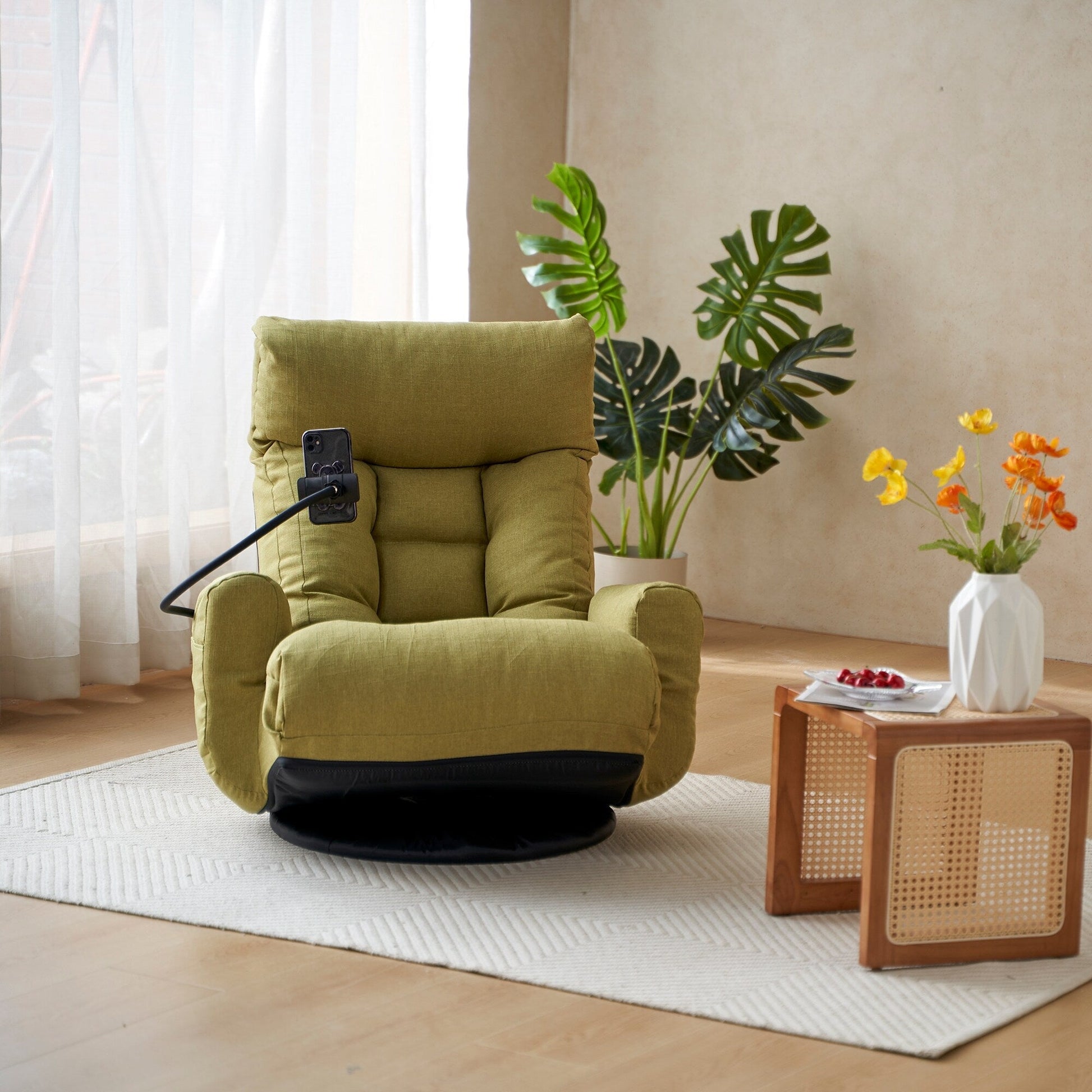 Fauteuil pivotant à 360 degrés, chaise de salon réglable, chaise de jeu pliable et inclinable avec porte-téléphone.