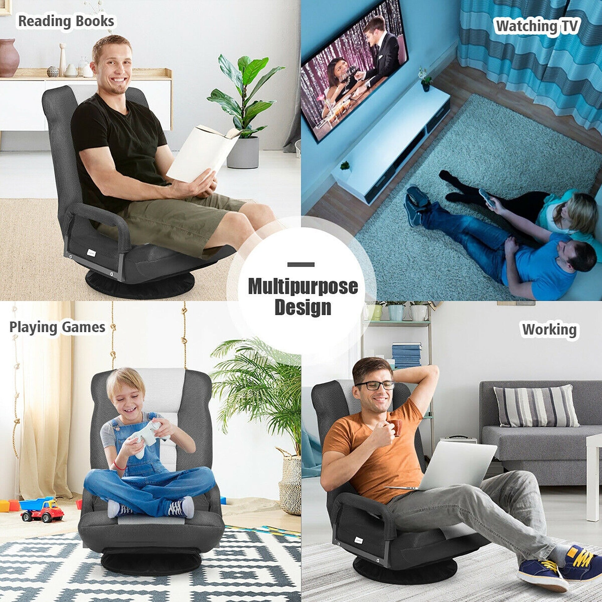 Chaise de sol pivotante à 360 degrés pour jeux vidéo avec dossier réglable et pliable
