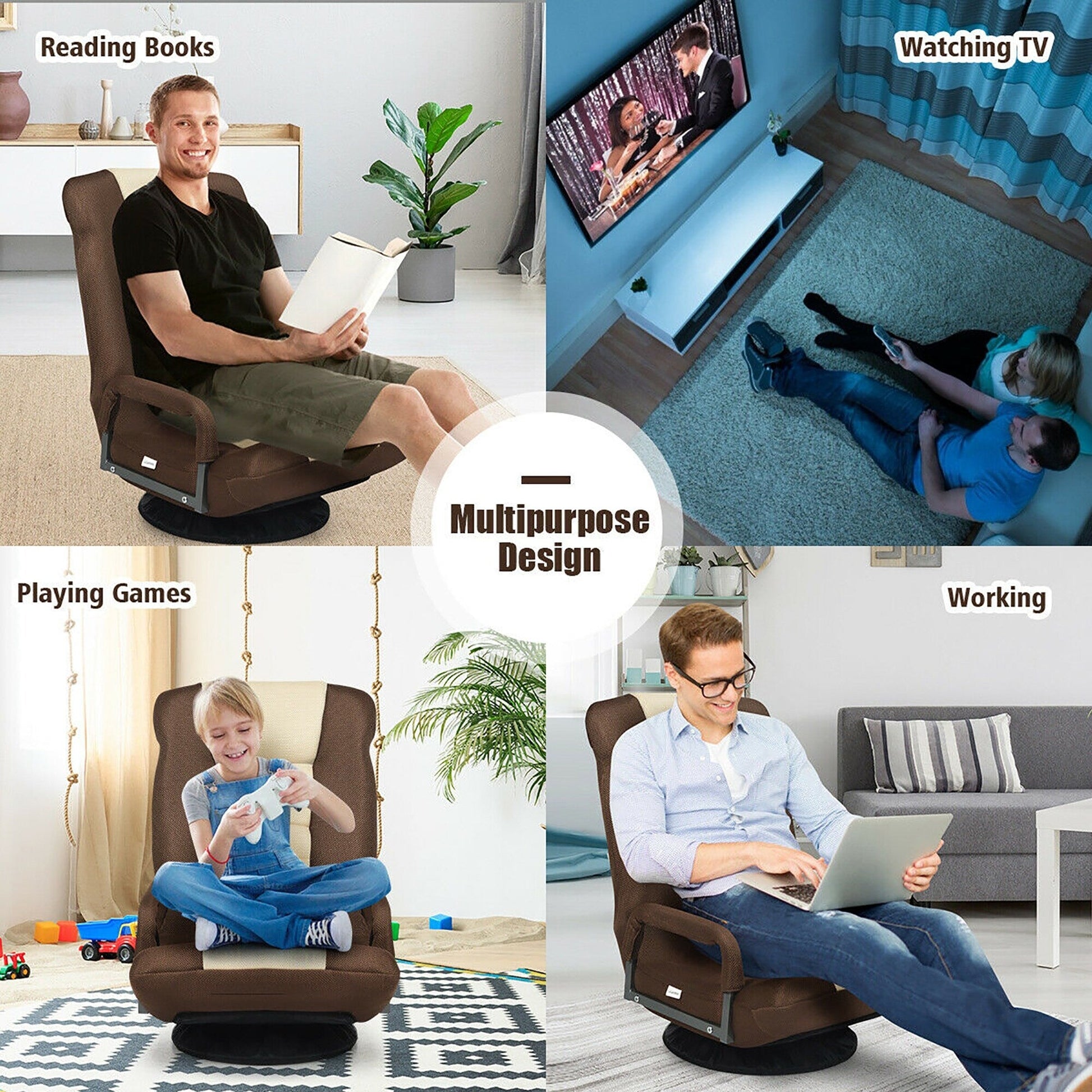 Chaise de sol pivotante à 360 degrés pour jeux vidéo avec dossier réglable et pliable