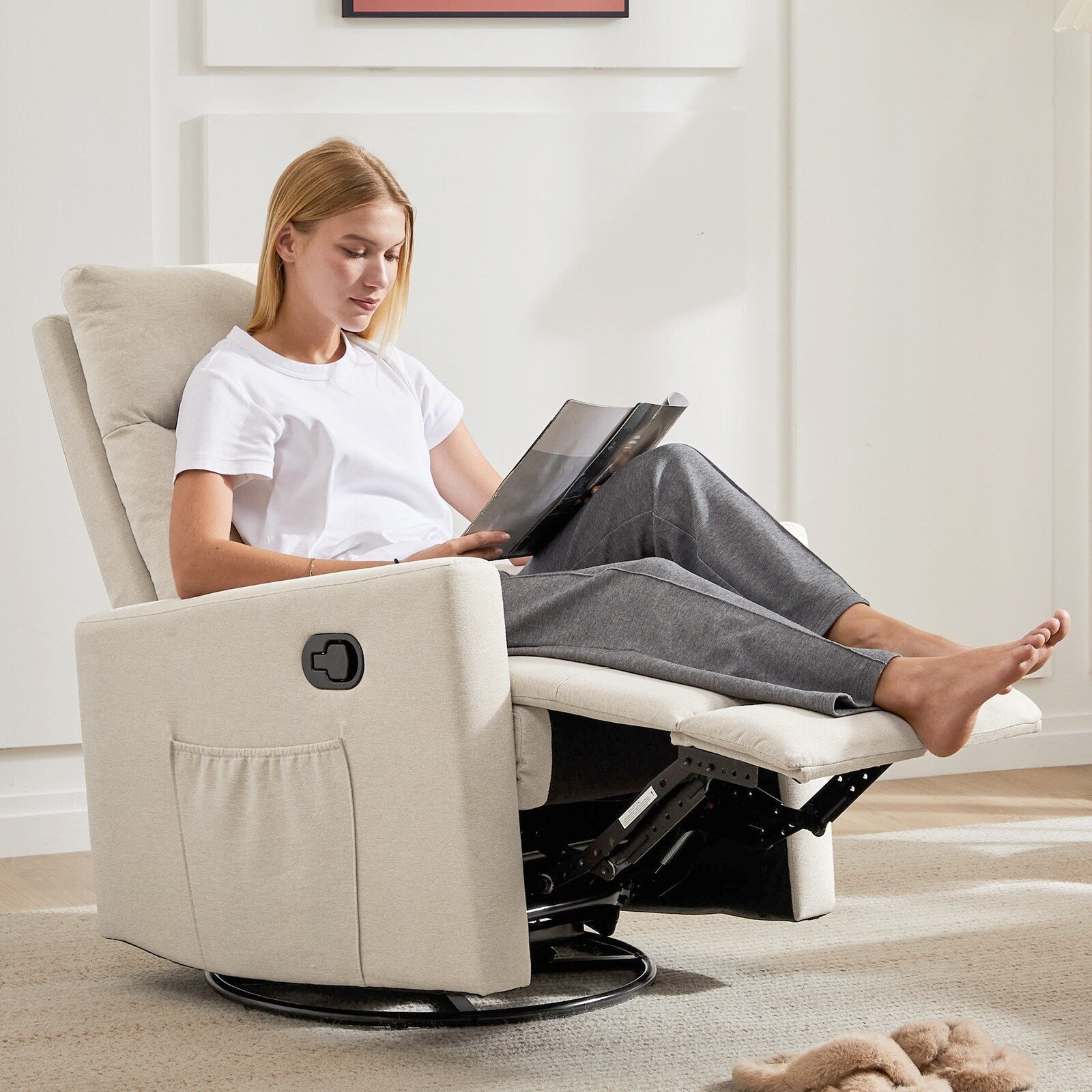 360 Swivel Glider Chair Linen Upholstery Manual Recliner Chair Adjustable Single Sofa for Nursery Living Room or Bedroom
