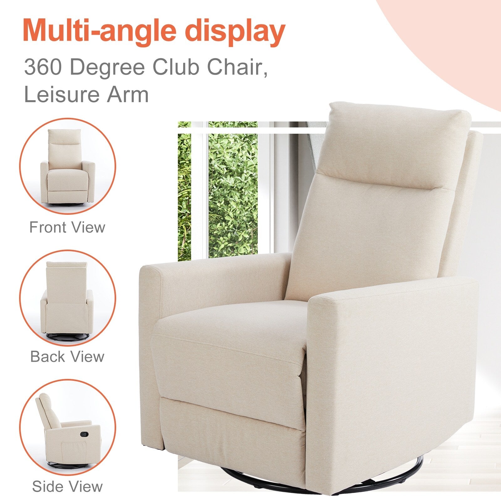 360 Swivel Glider Chair Linen Upholstery Manual Recliner Chair Adjustable Single Sofa for Nursery Living Room or Bedroom