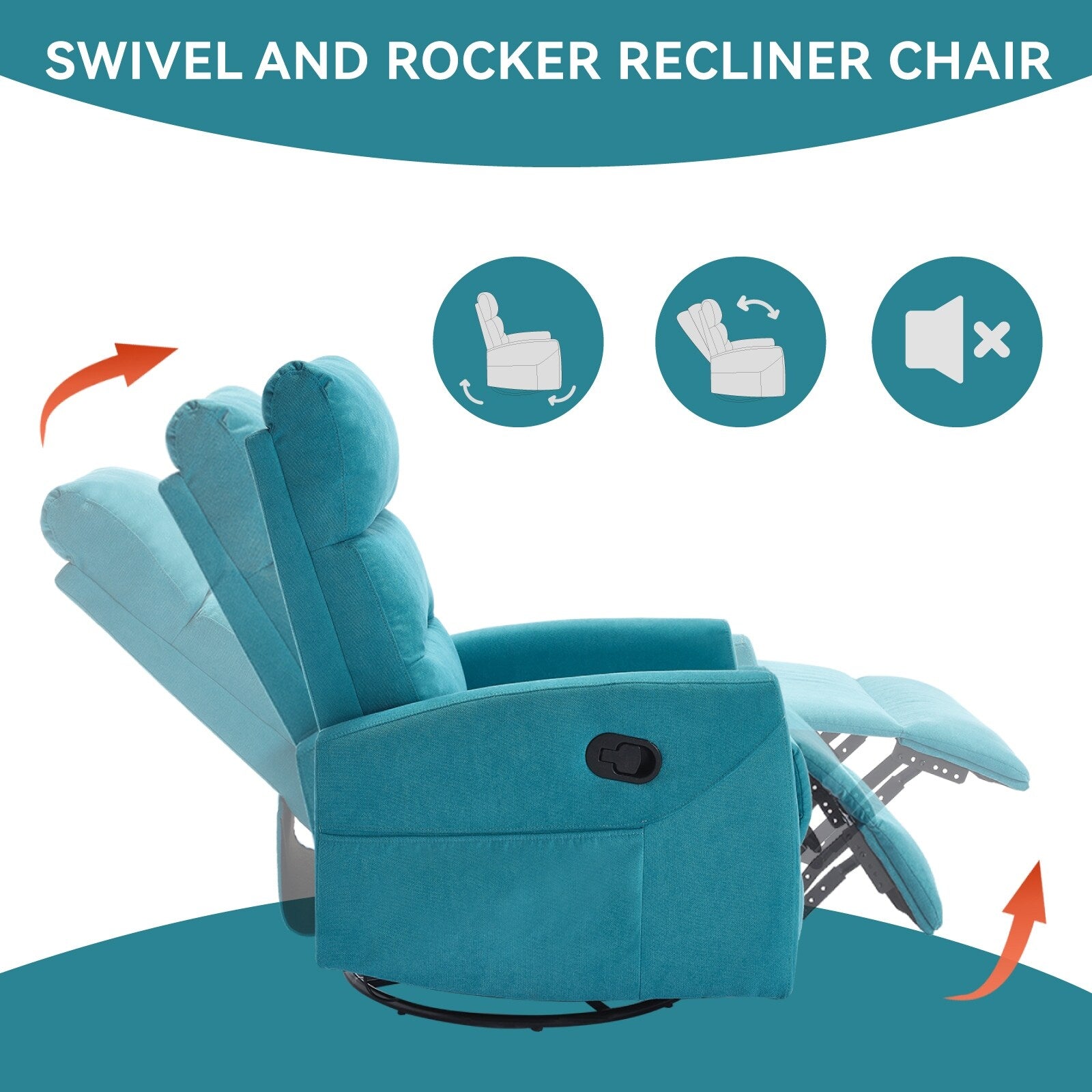 Fauteuil inclinable manuel pivotant à 360°, inclinable et basculant, en tissu, pour salon, siège simple, sofa moelleux avec fonction basculante.