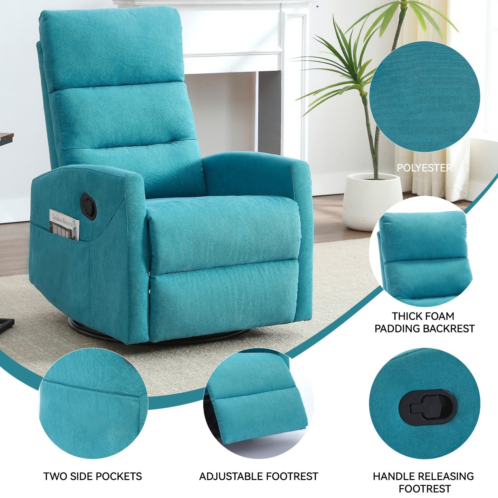 Fauteuil inclinable manuel pivotant à 360°, inclinable et basculant, en tissu, pour salon, siège simple, sofa moelleux avec fonction basculante.