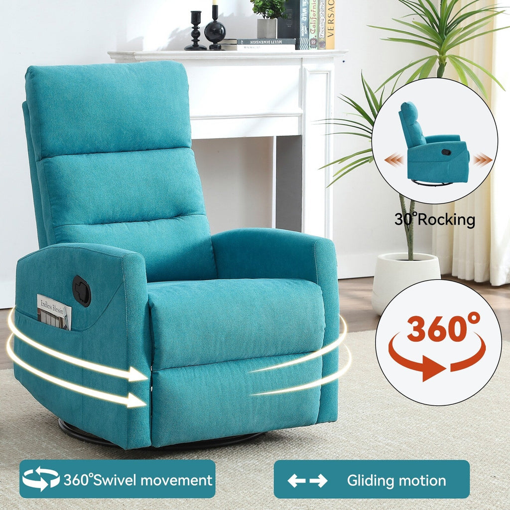 Fauteuil inclinable manuel pivotant à 360°, inclinable et basculant, en tissu, pour salon, siège simple, sofa moelleux avec fonction basculante.
