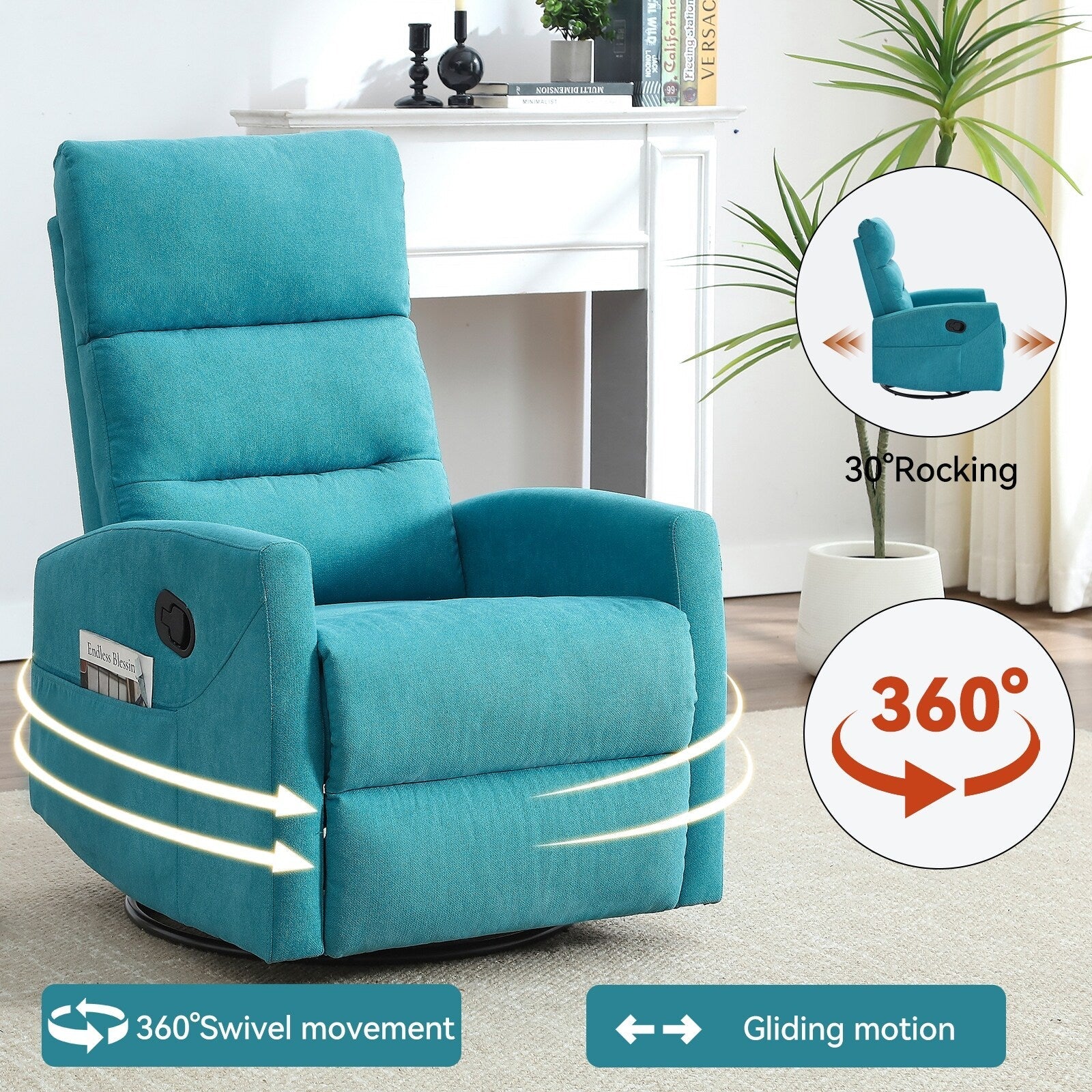 Fauteuil inclinable manuel pivotant à 360°, inclinable et basculant, en tissu, pour salon, siège simple, sofa moelleux avec fonction basculante.