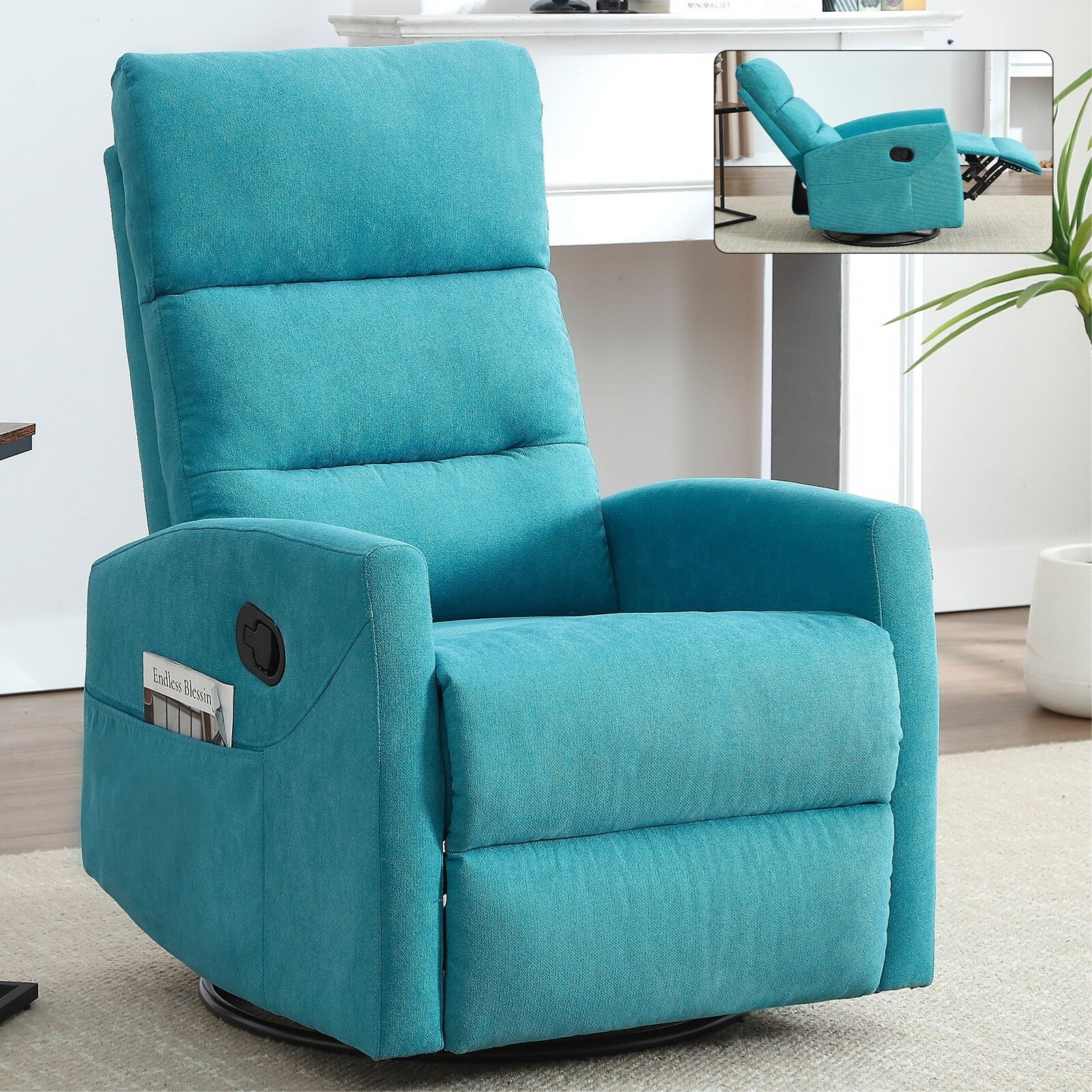 Fauteuil inclinable manuel pivotant à 360°, inclinable et basculant, en tissu, pour salon, siège simple, sofa moelleux avec fonction basculante.