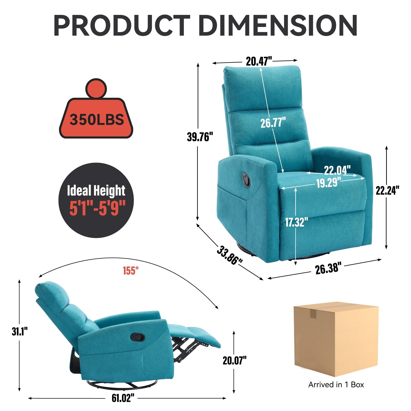 Fauteuil inclinable manuel pivotant à 360°, inclinable et basculant, en tissu, pour salon, siège simple, sofa moelleux avec fonction basculante.