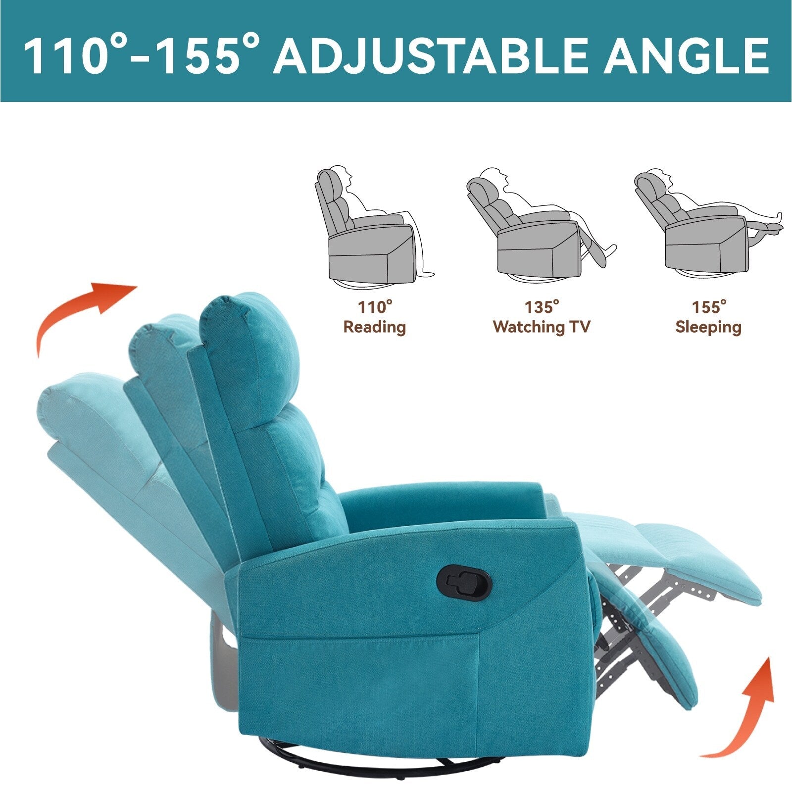 Fauteuil inclinable manuel pivotant à 360°, inclinable et basculant, en tissu, pour salon, siège simple, sofa moelleux avec fonction basculante.