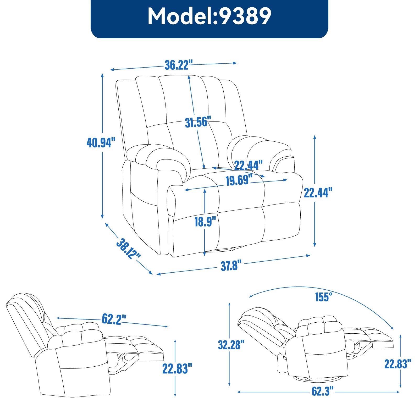360 Swivel Manual Recliner Chair Adjustable Rocking Lounge Chair Oversized Single Sofa for Living Room