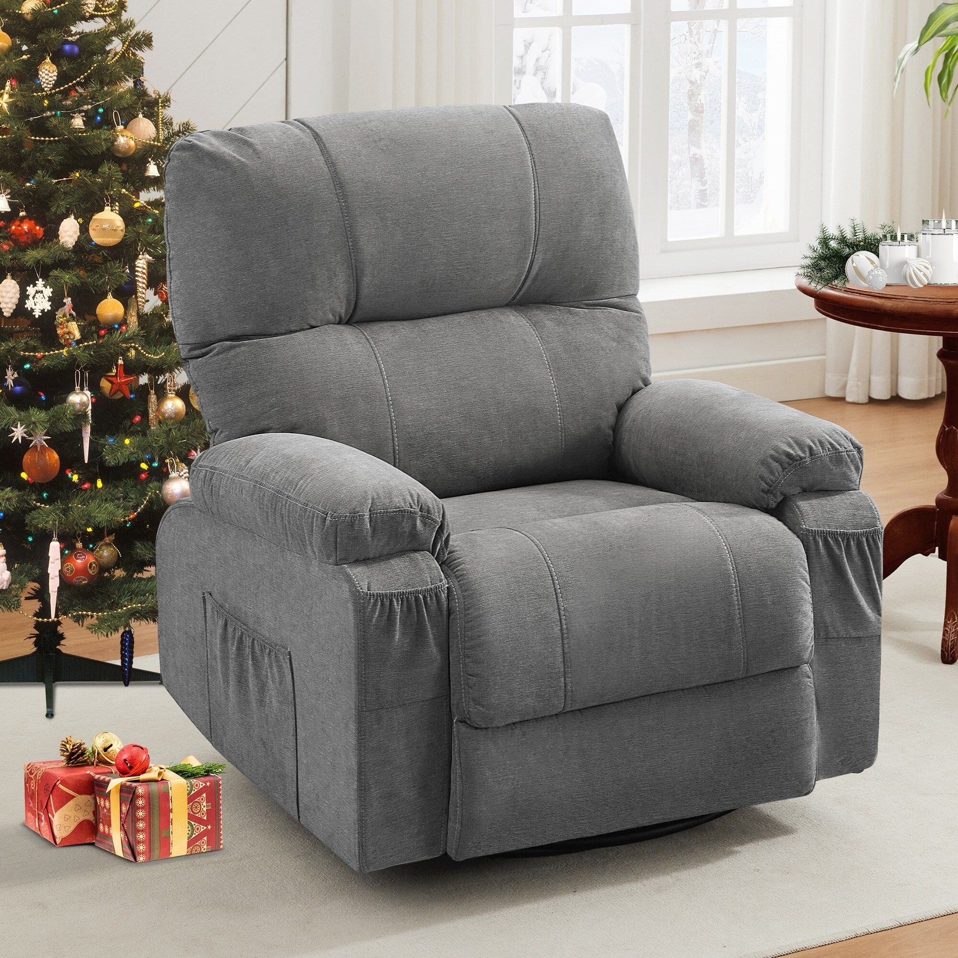 Fauteuil inclinable manuel pivotant à 360 degrés, chaise de salon en tissu avec repose-pieds escamotable et poches latérales.
