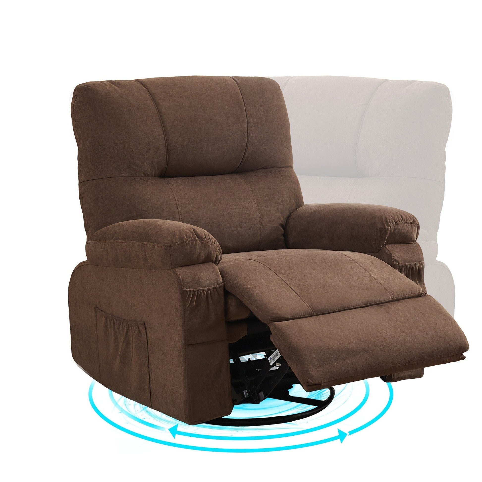Fauteuil inclinable manuel pivotant à 360 degrés, chaise de salon en tissu avec repose-pieds escamotable et poches latérales.