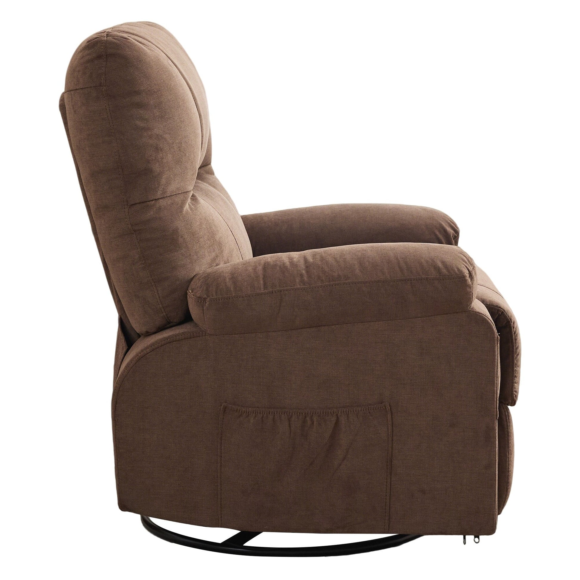 Fauteuil inclinable manuel pivotant à 360 degrés, chaise de salon en tissu avec repose-pieds escamotable et poches latérales.