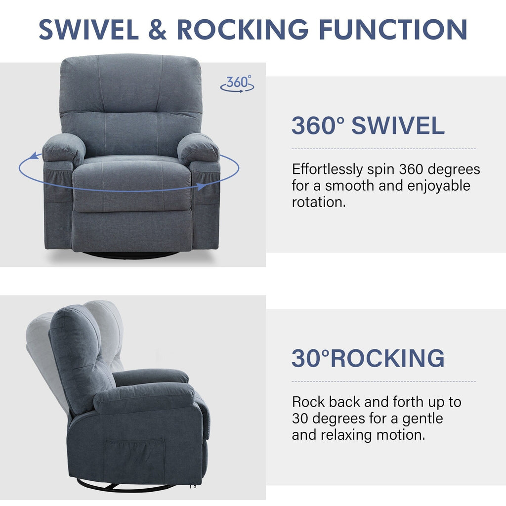 Fauteuil inclinable manuel pivotant à 360 degrés, chaise de salon en tissu avec repose-pieds escamotable et poches latérales.