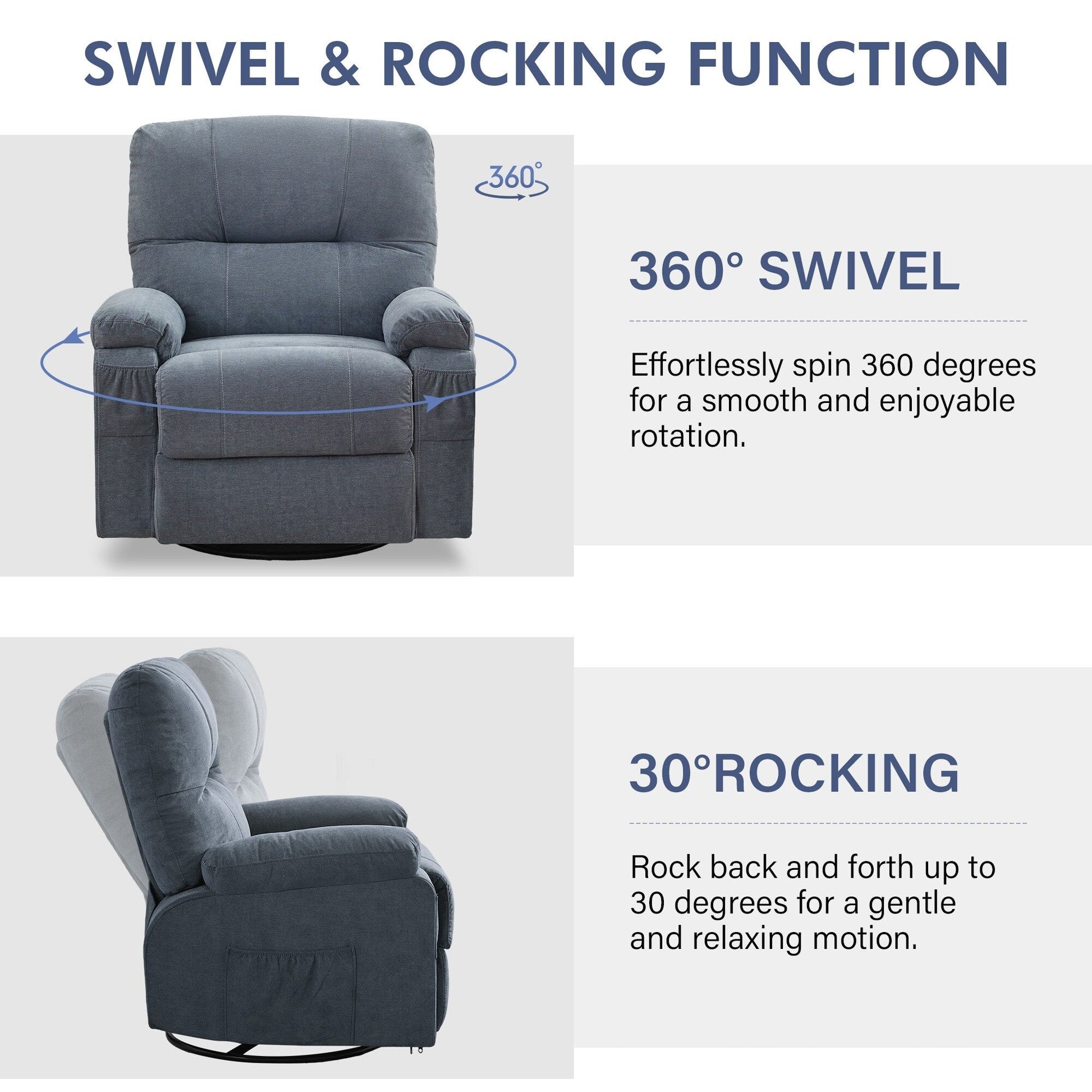 Fauteuil inclinable manuel pivotant à 360 degrés, chaise de salon en tissu avec repose-pieds escamotable et poches latérales.
