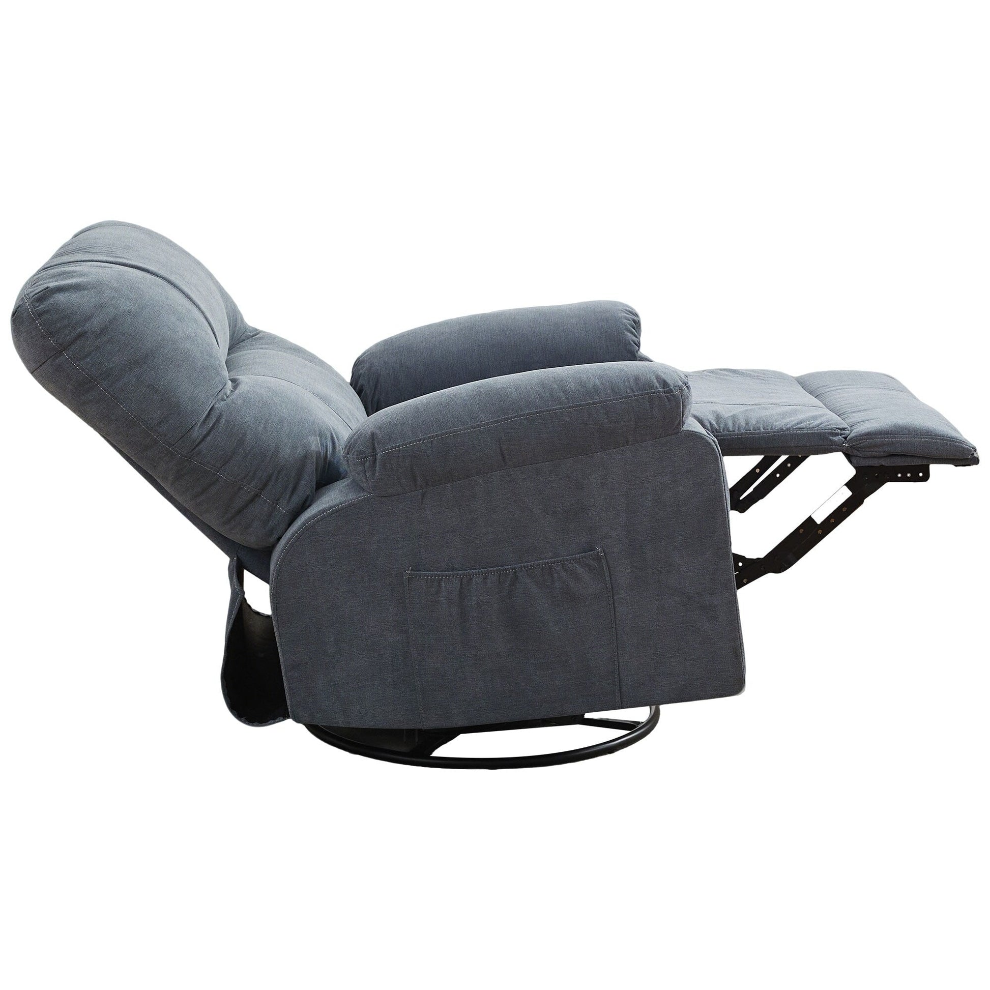 Fauteuil inclinable manuel pivotant à 360 degrés, chaise de salon en tissu avec repose-pieds escamotable et poches latérales.