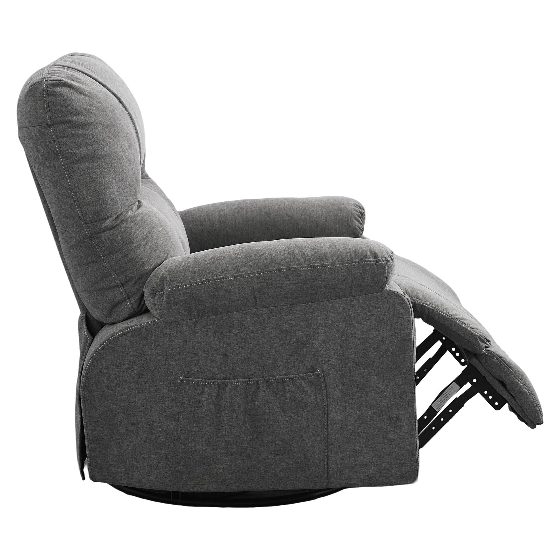 Fauteuil inclinable manuel pivotant à 360 degrés, chaise de salon en tissu avec repose-pieds escamotable et poches latérales.