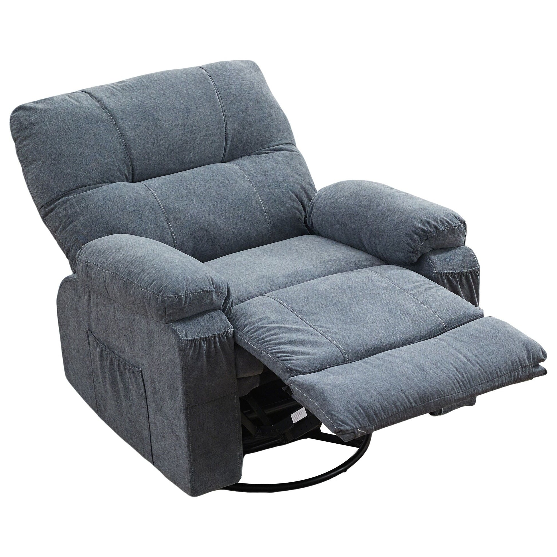 Fauteuil inclinable manuel pivotant à 360 degrés, chaise de salon en tissu avec repose-pieds escamotable et poches latérales.