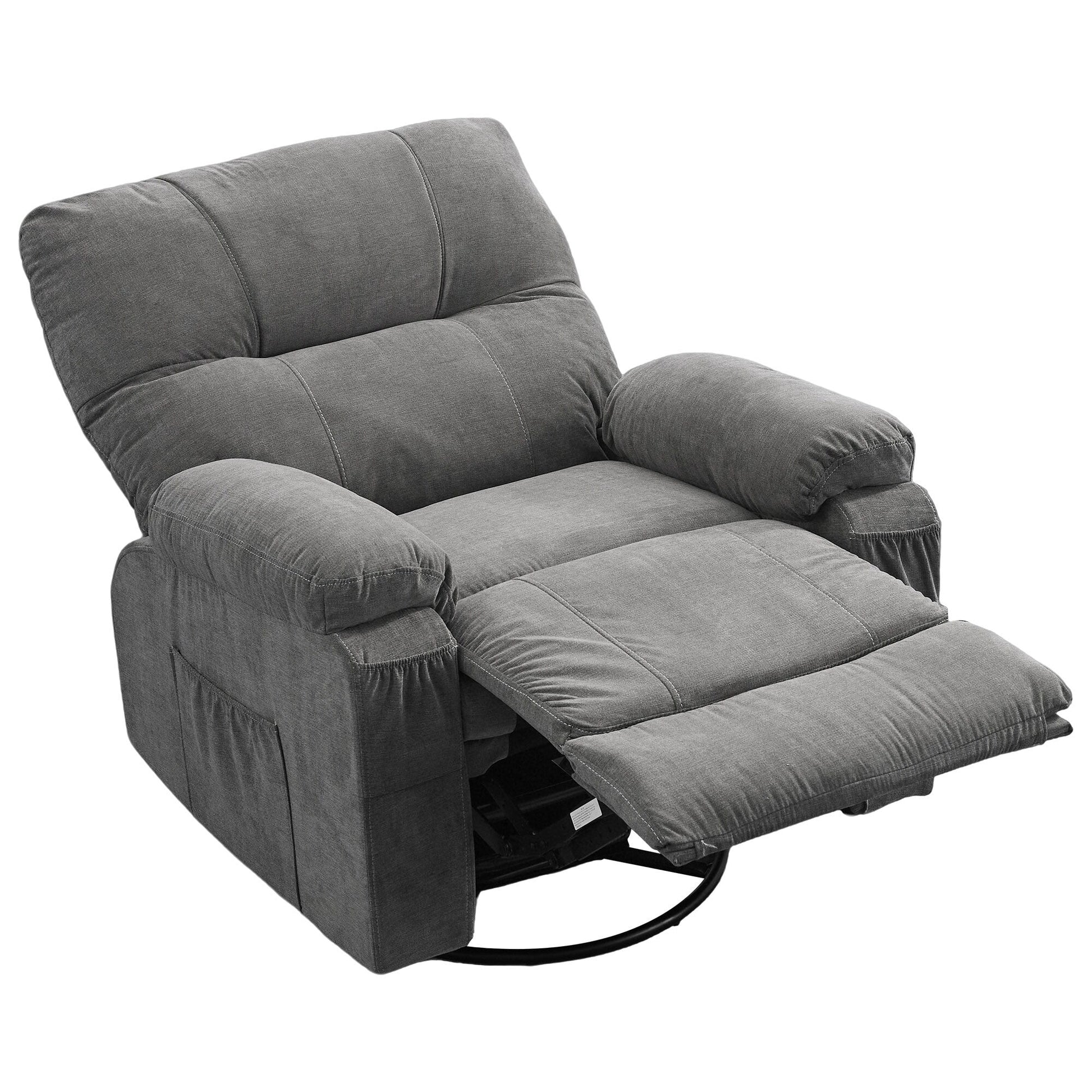 Fauteuil inclinable manuel pivotant à 360 degrés, chaise de salon en tissu avec repose-pieds escamotable et poches latérales.