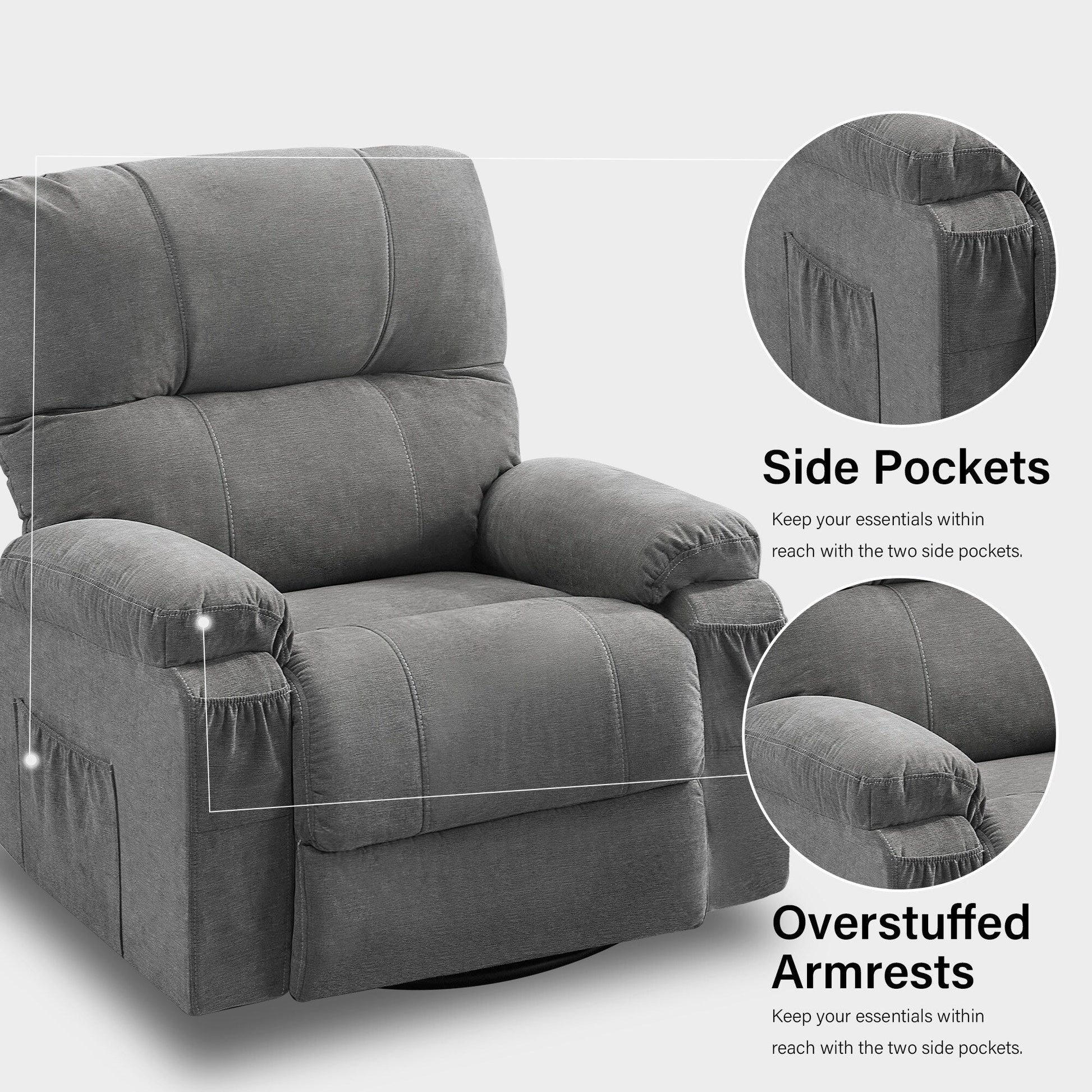 Fauteuil inclinable manuel pivotant à 360 degrés, chaise de salon en tissu avec repose-pieds escamotable et poches latérales.