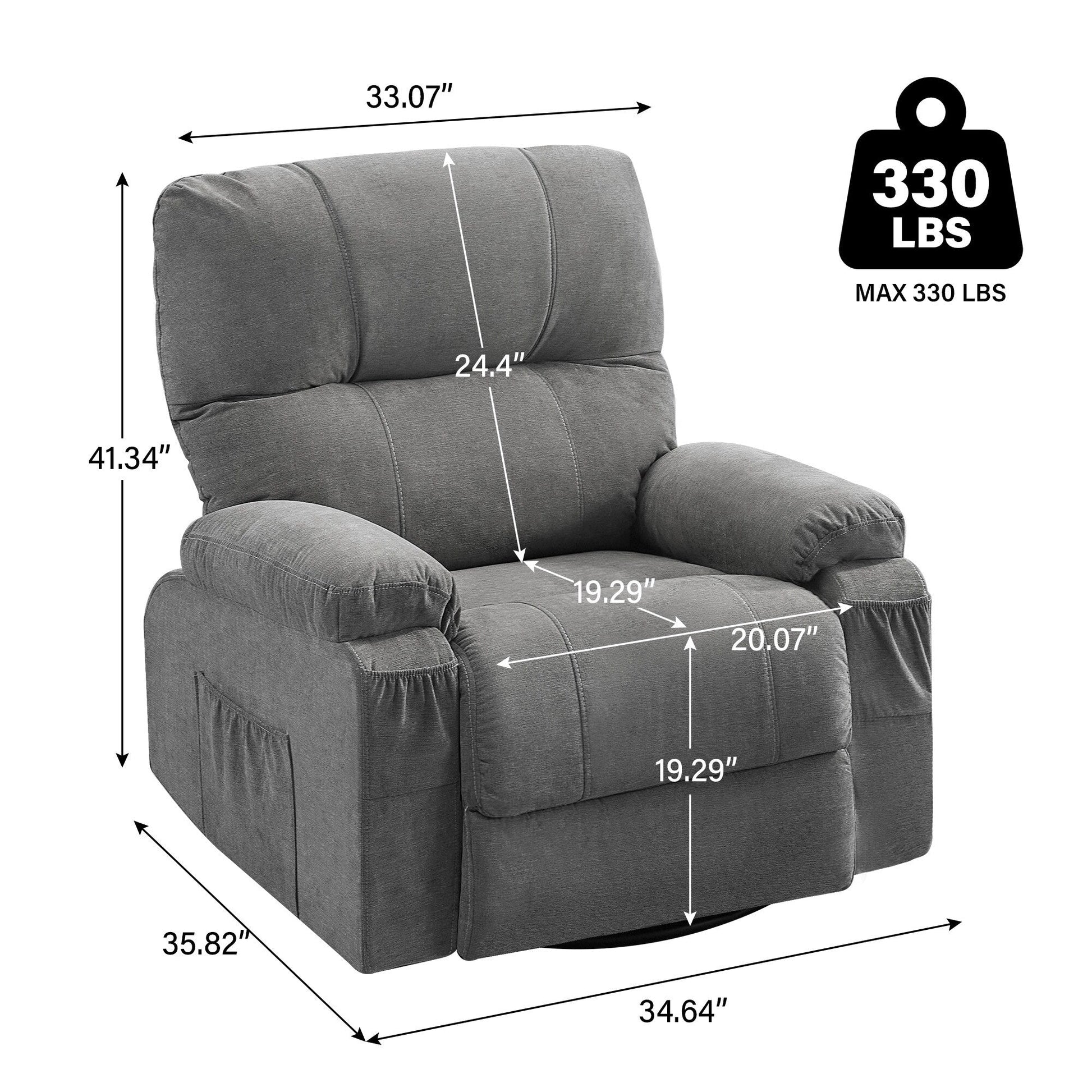 Fauteuil inclinable manuel pivotant à 360 degrés, chaise de salon en tissu avec repose-pieds escamotable et poches latérales.