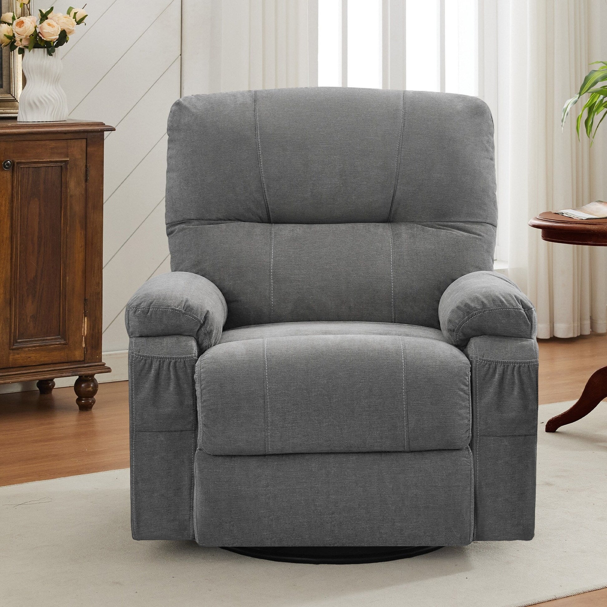 Fauteuil inclinable manuel pivotant à 360 degrés, chaise de salon en tissu avec repose-pieds escamotable et poches latérales.