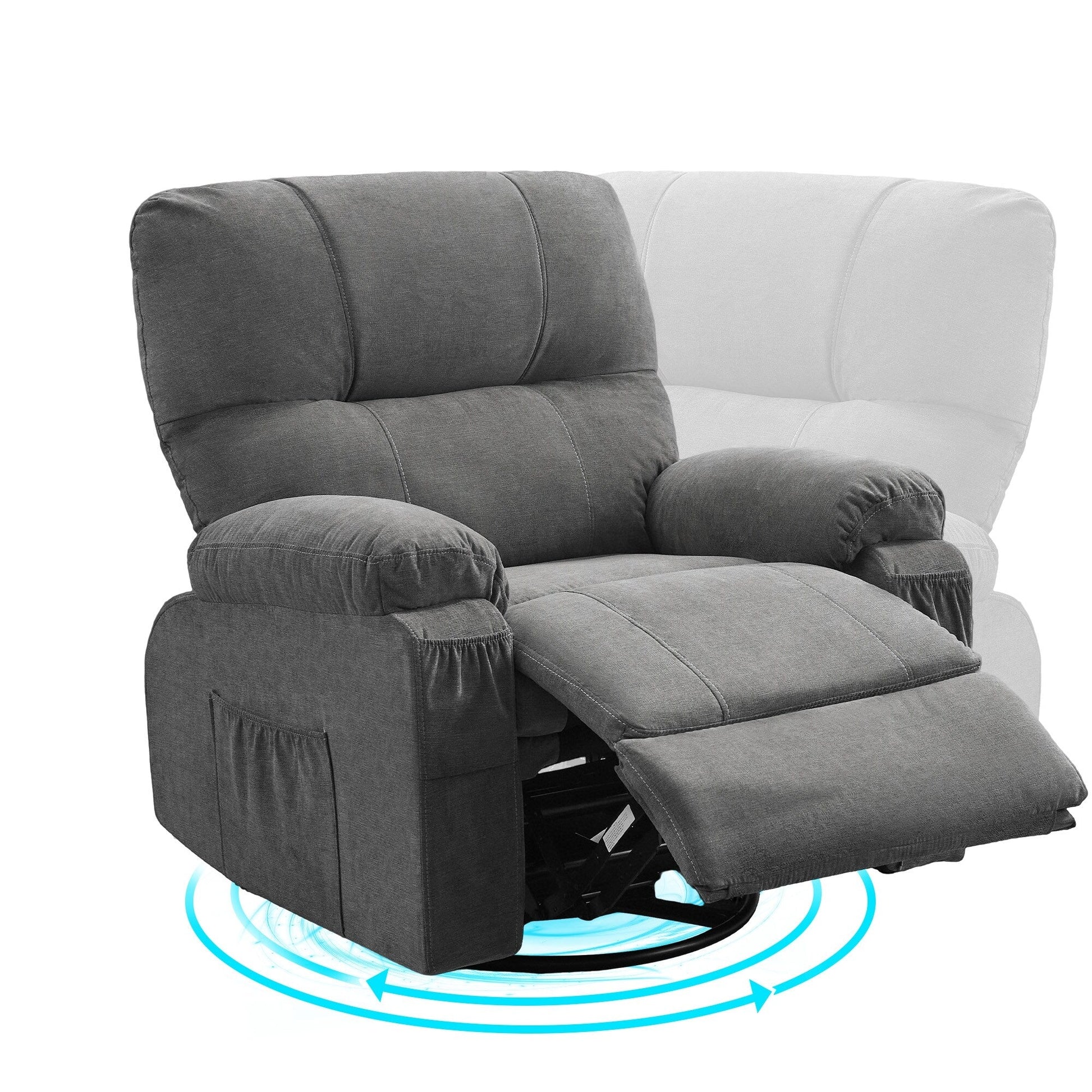 Fauteuil inclinable manuel pivotant à 360 degrés, chaise de salon en tissu avec repose-pieds escamotable et poches latérales.