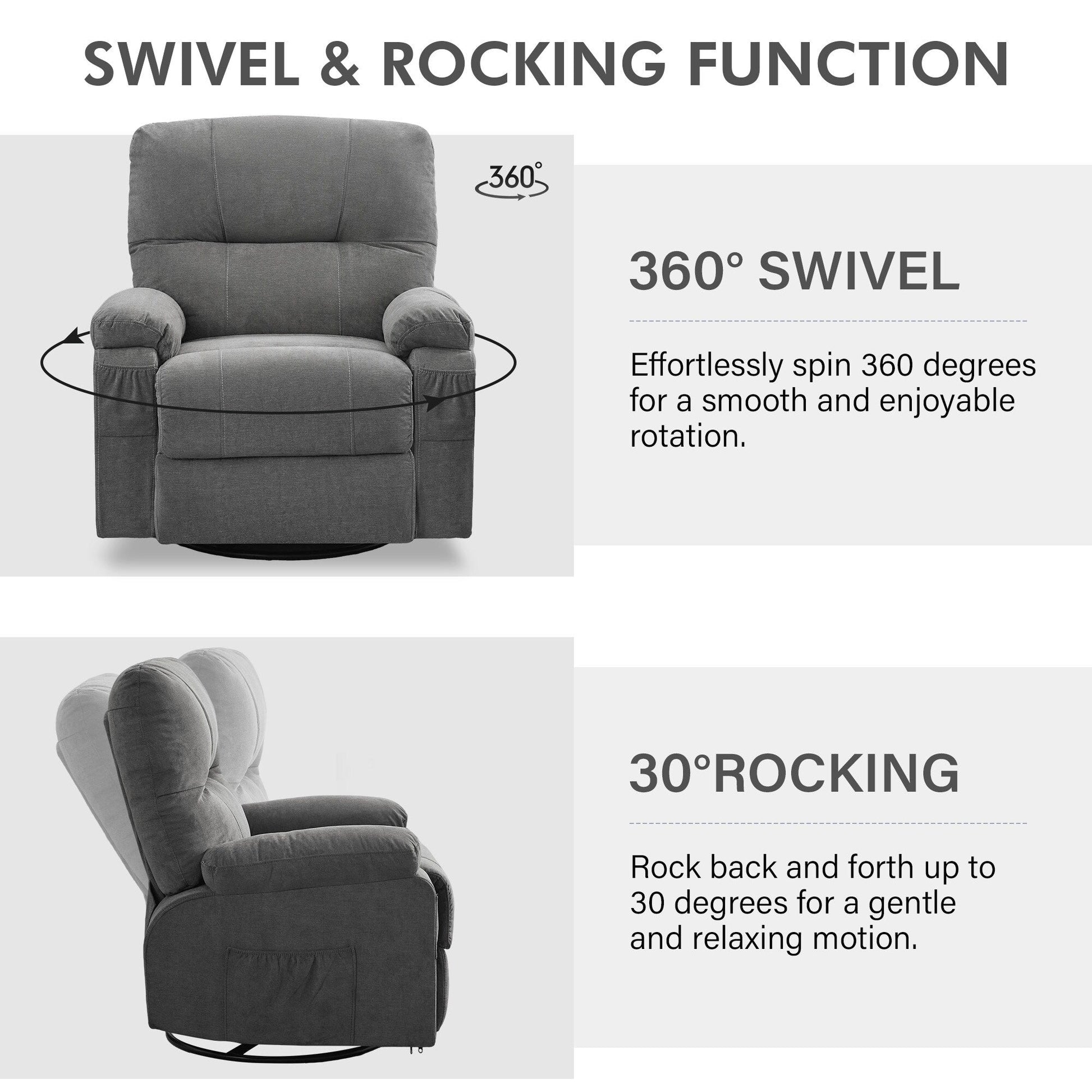 Fauteuil inclinable manuel pivotant à 360 degrés, chaise de salon en tissu avec repose-pieds escamotable et poches latérales.