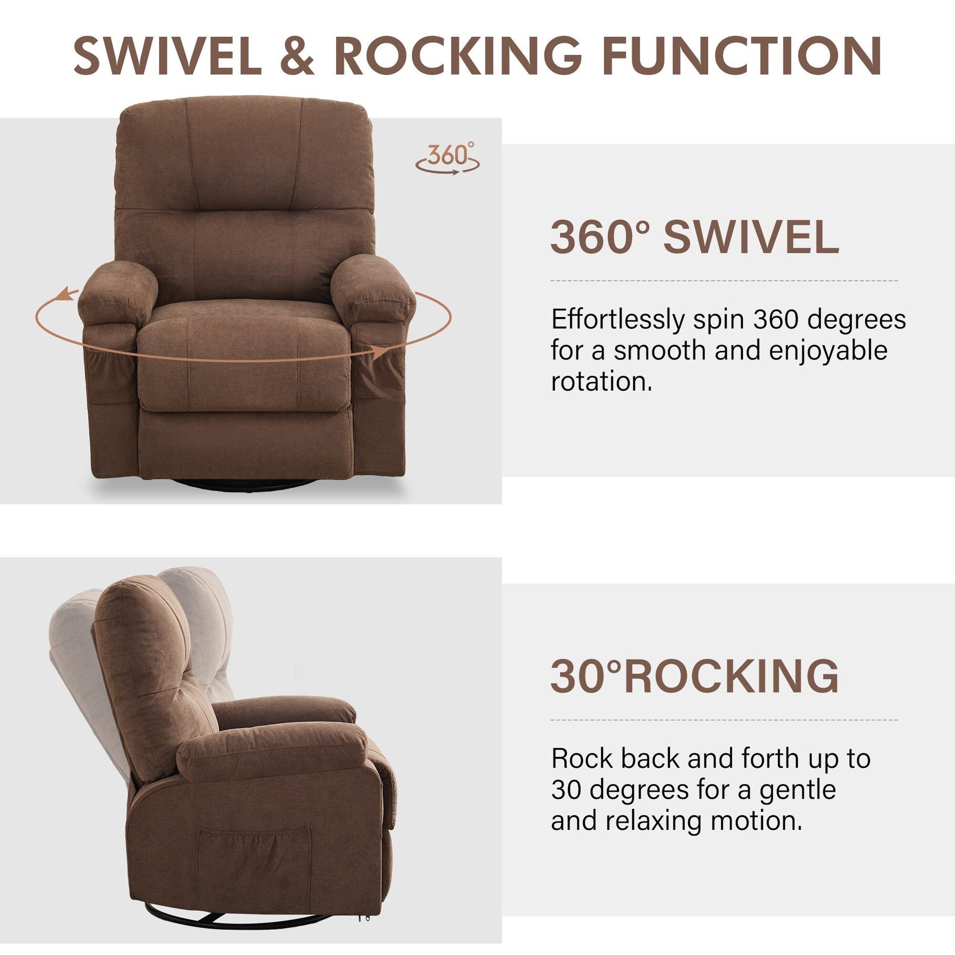 Fauteuil inclinable manuel pivotant à 360 degrés, chaise de salon en tissu avec repose-pieds escamotable et poches latérales.