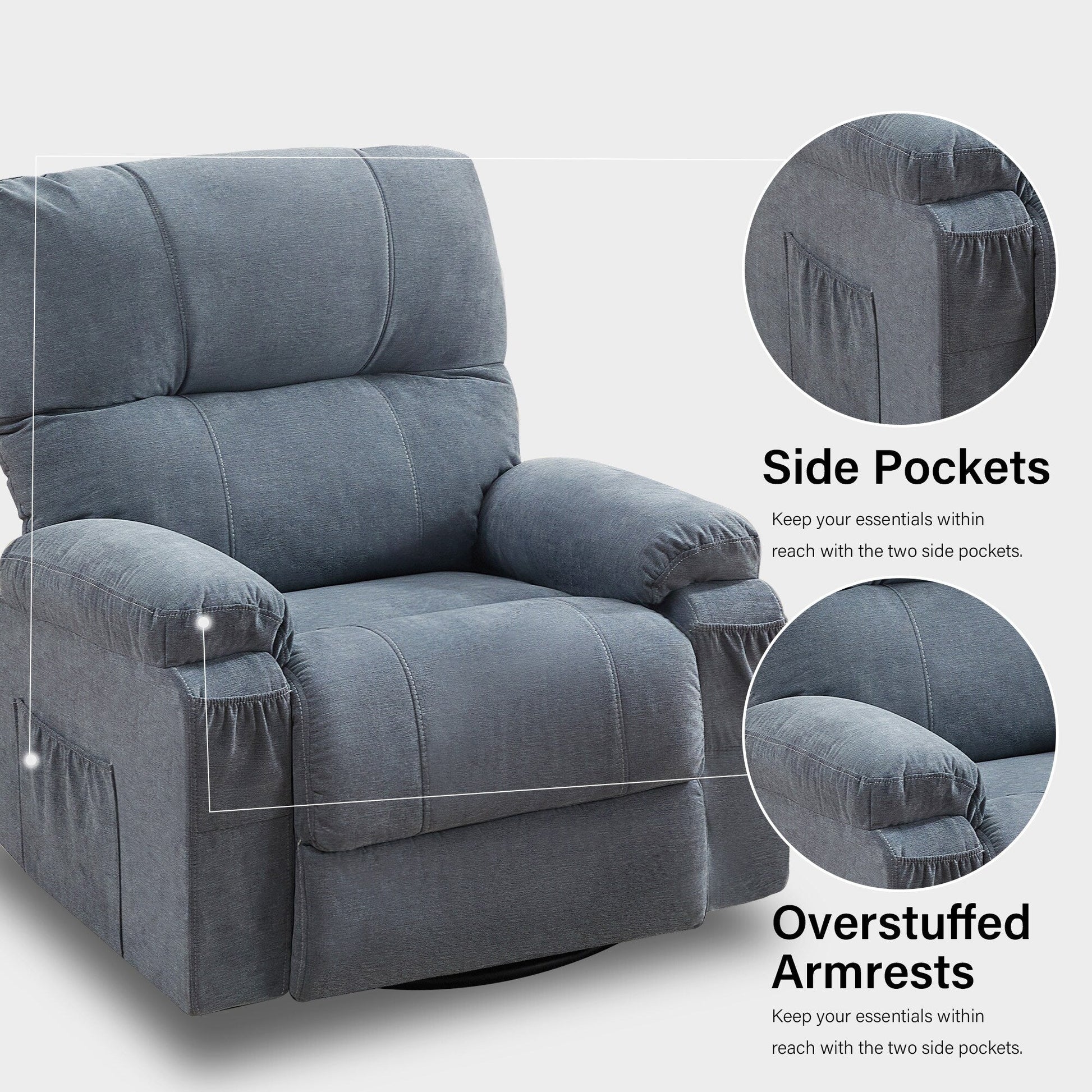 Fauteuil inclinable manuel pivotant à 360 degrés, chaise de salon en tissu avec repose-pieds escamotable et poches latérales.