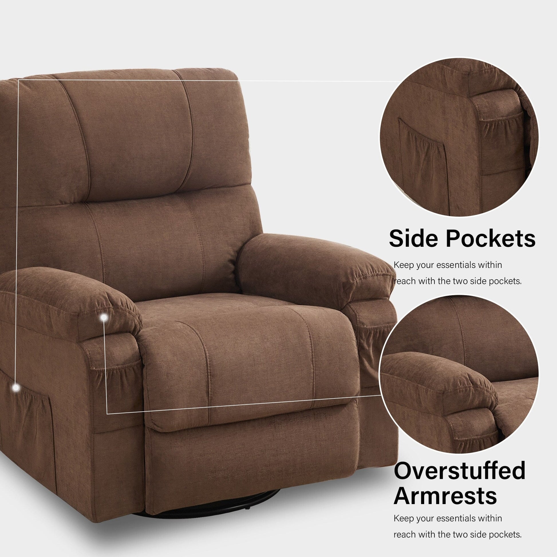 Fauteuil inclinable manuel pivotant à 360 degrés, chaise de salon en tissu avec repose-pieds escamotable et poches latérales.