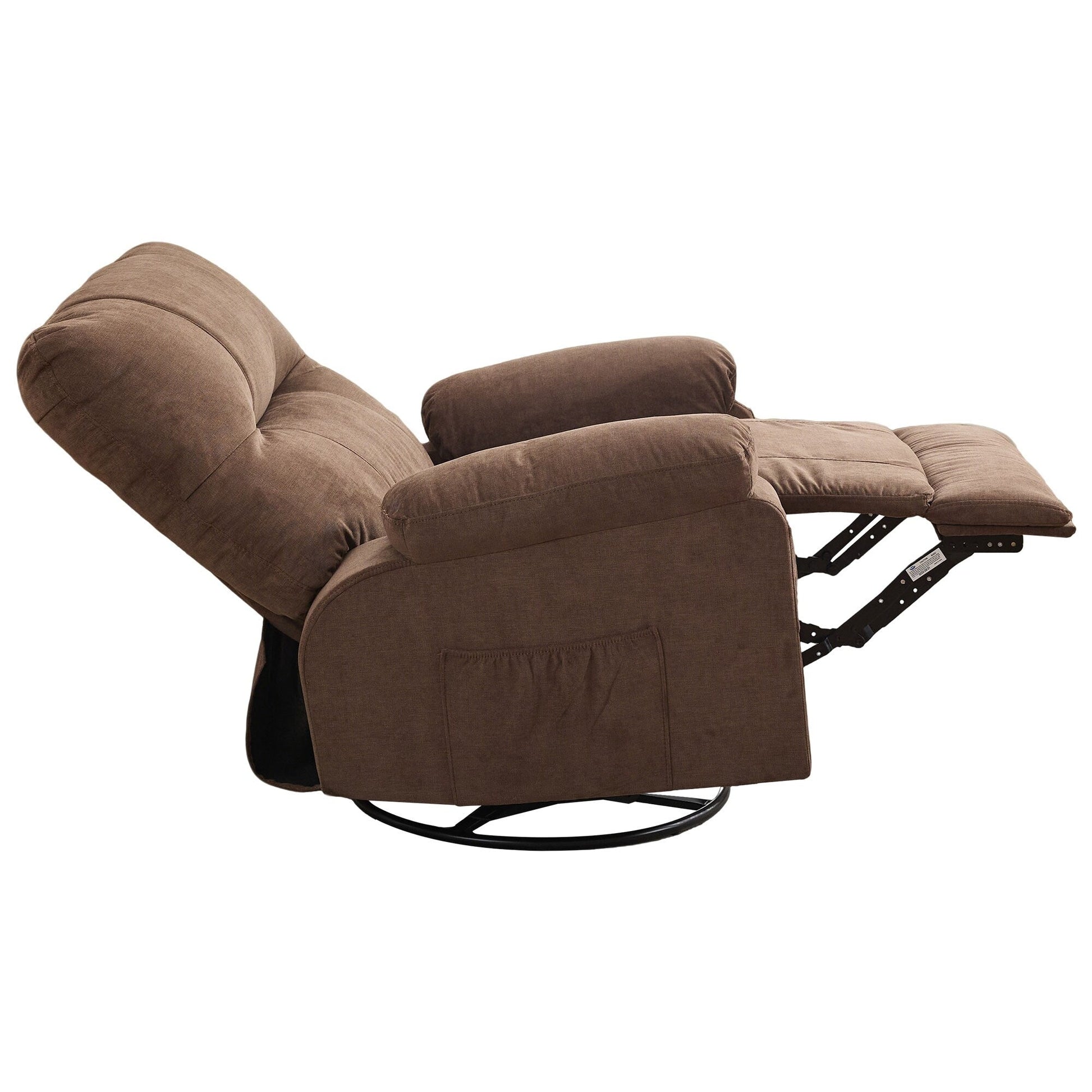 Fauteuil inclinable manuel pivotant à 360 degrés, chaise de salon en tissu avec repose-pieds escamotable et poches latérales.