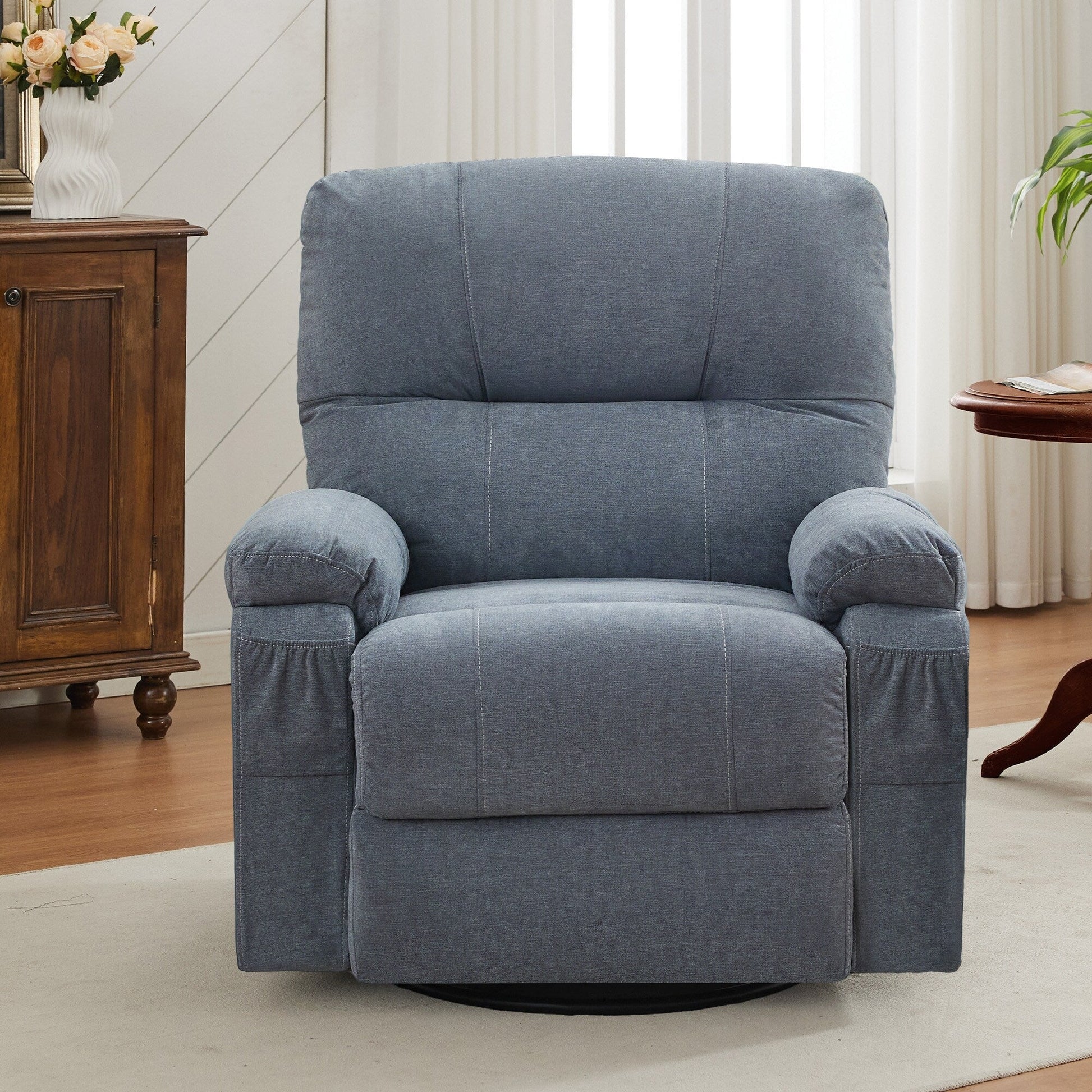 Fauteuil inclinable manuel pivotant à 360 degrés, chaise de salon en tissu avec repose-pieds escamotable et poches latérales.