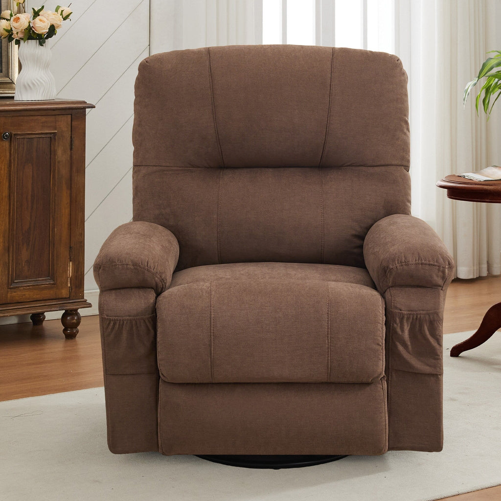 Fauteuil inclinable manuel pivotant à 360 degrés, chaise de salon en tissu avec repose-pieds escamotable et poches latérales.