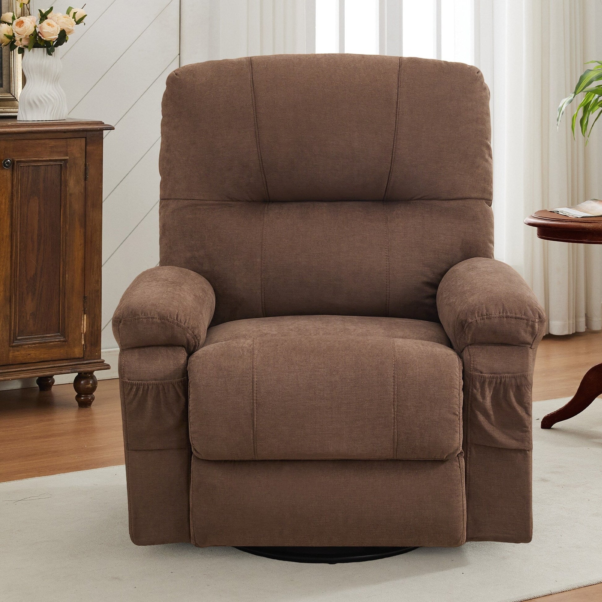 Fauteuil inclinable manuel pivotant à 360 degrés, chaise de salon en tissu avec repose-pieds escamotable et poches latérales.