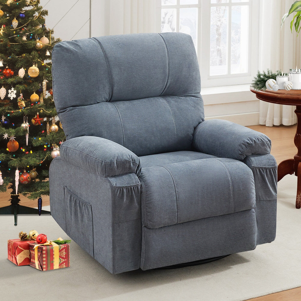 Fauteuil inclinable manuel pivotant à 360 degrés, chaise de salon en tissu avec repose-pieds escamotable et poches latérales.