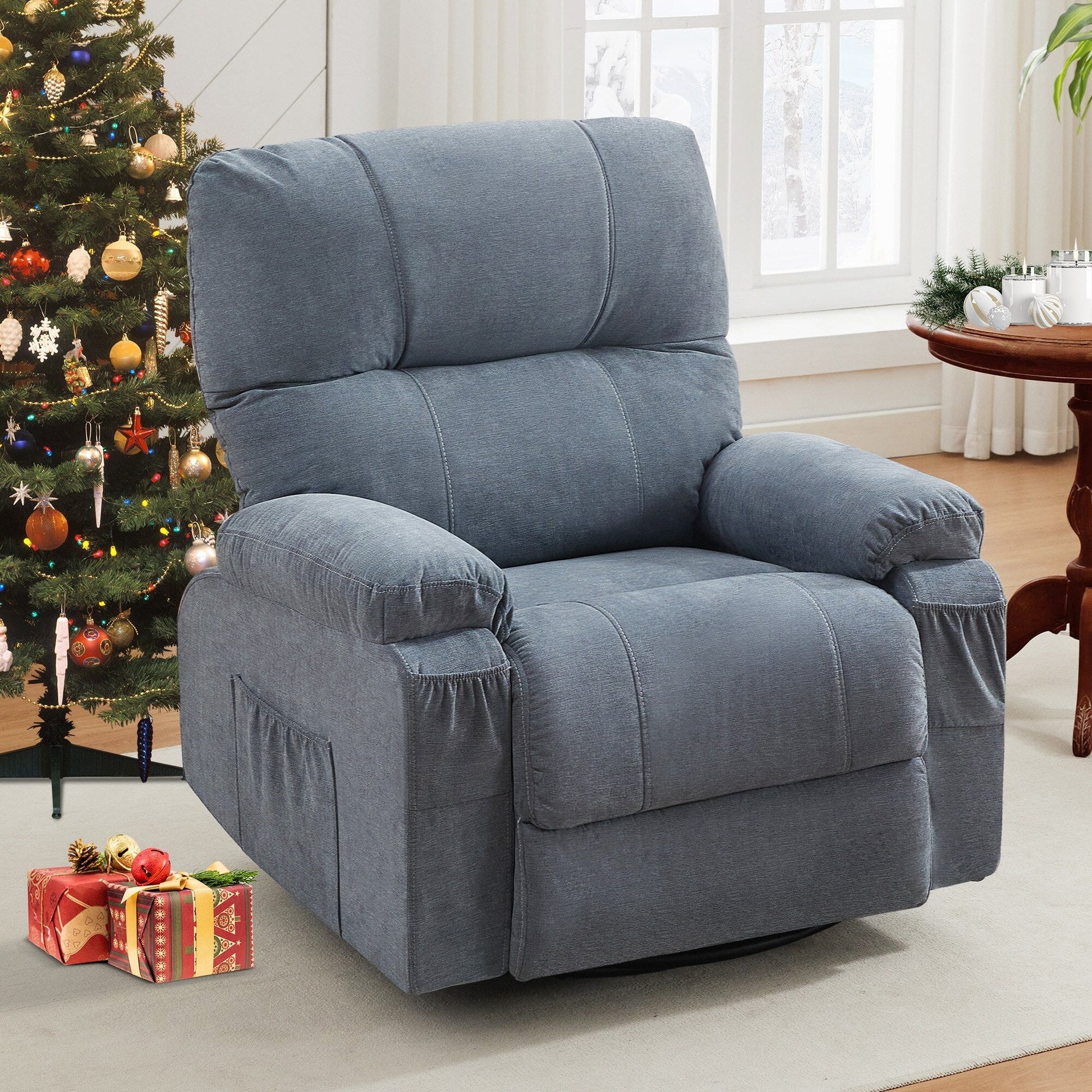 Fauteuil inclinable manuel pivotant à 360 degrés, chaise de salon en tissu avec repose-pieds escamotable et poches latérales.