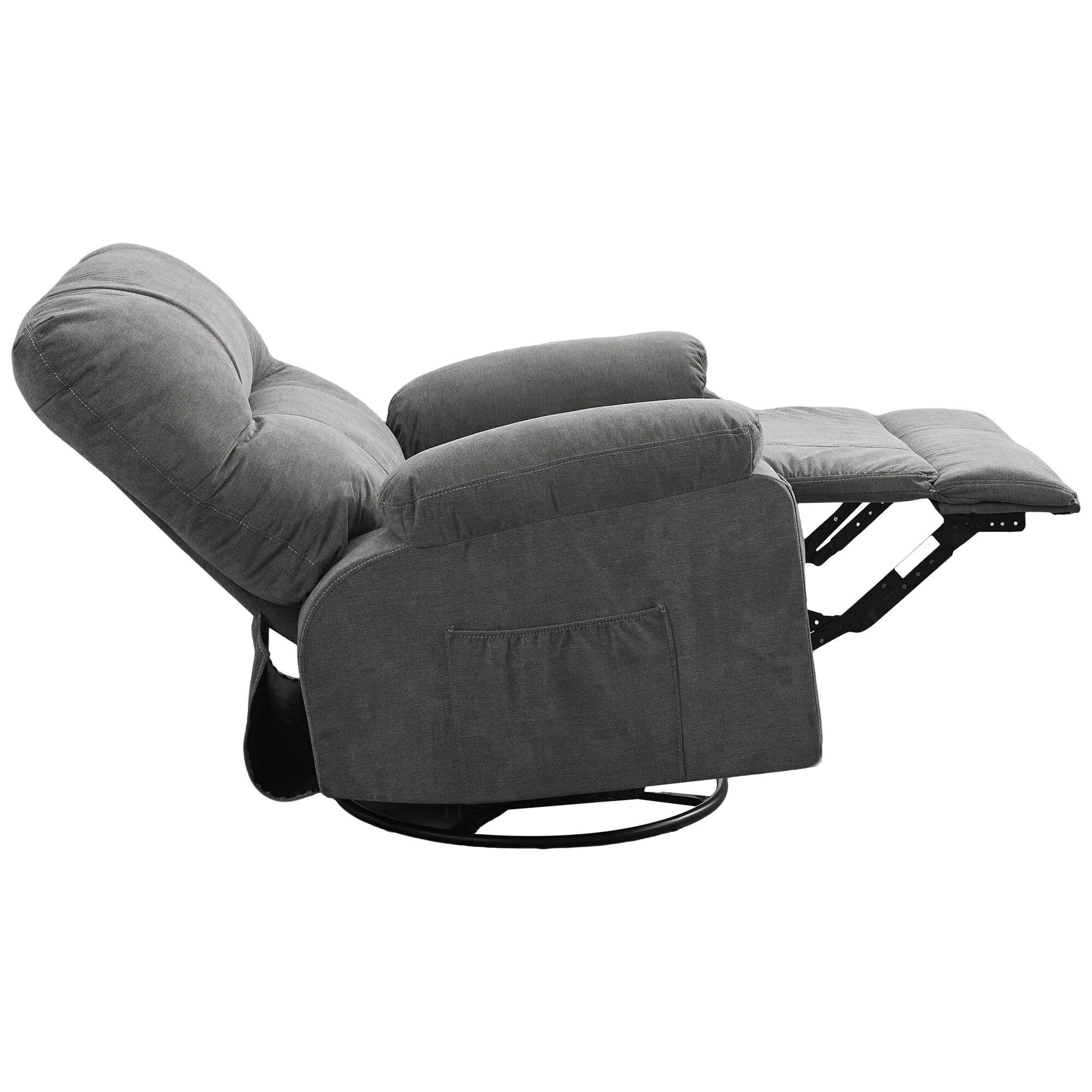 Fauteuil inclinable manuel pivotant à 360 degrés, chaise de salon en tissu avec repose-pieds escamotable et poches latérales.