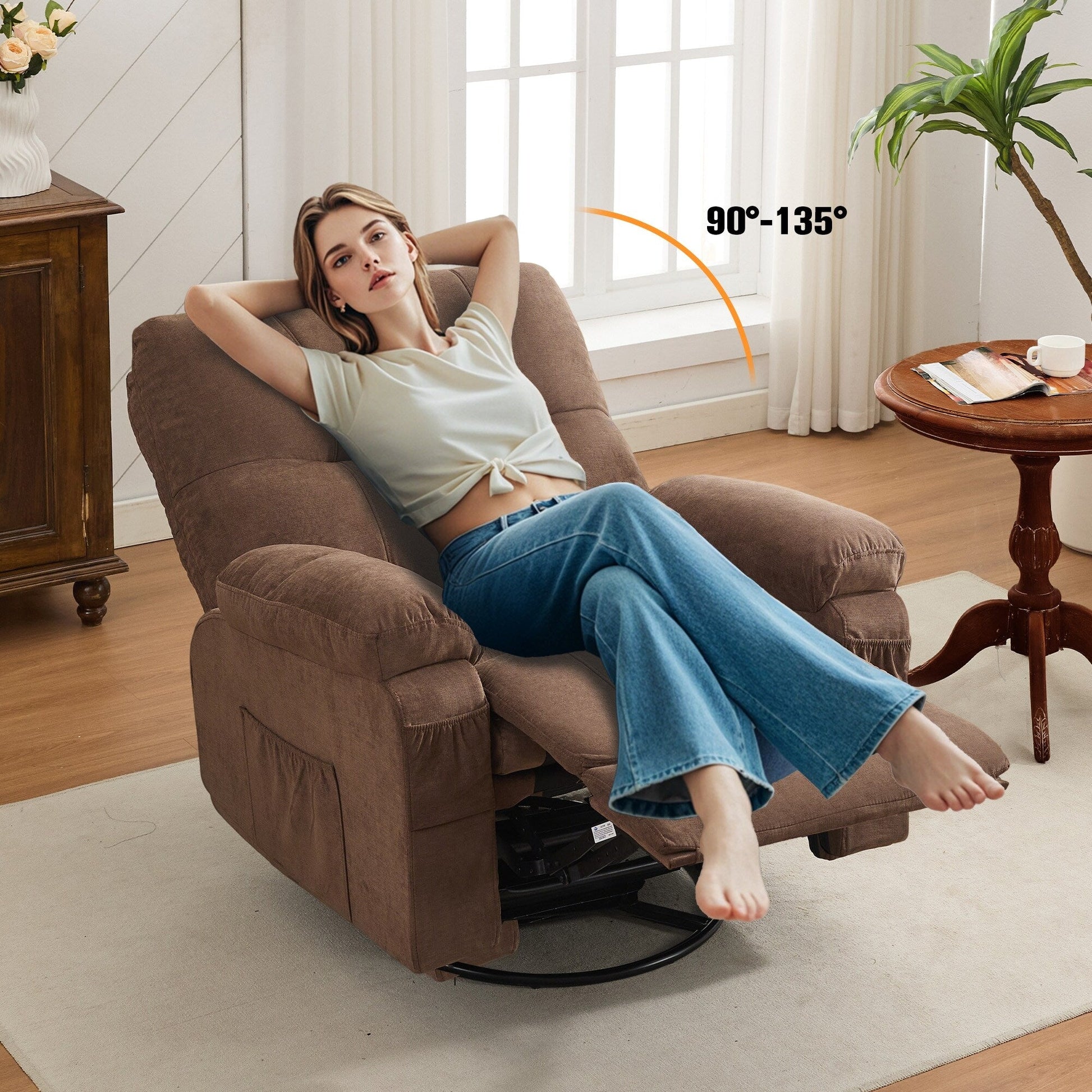 Fauteuil inclinable manuel pivotant à 360 degrés, chaise de salon en tissu avec repose-pieds escamotable et poches latérales.