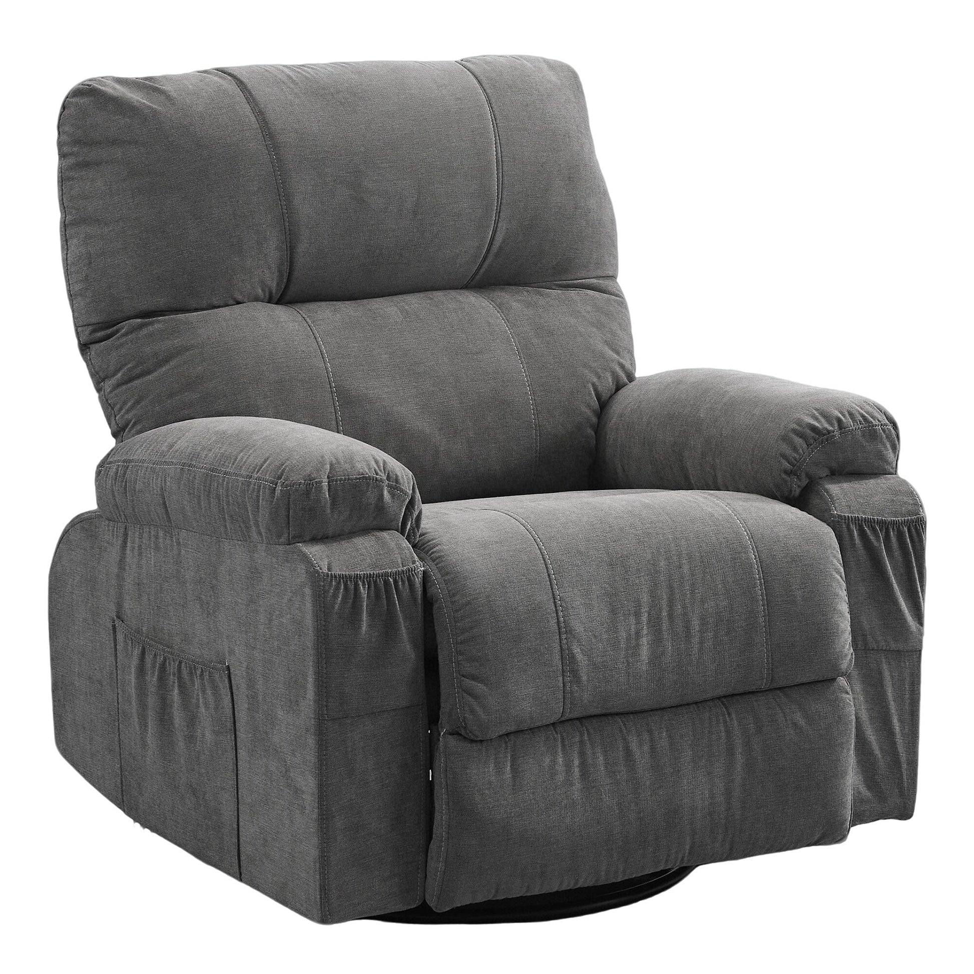 Fauteuil inclinable manuel pivotant à 360 degrés, chaise de salon en tissu avec repose-pieds escamotable et poches latérales.