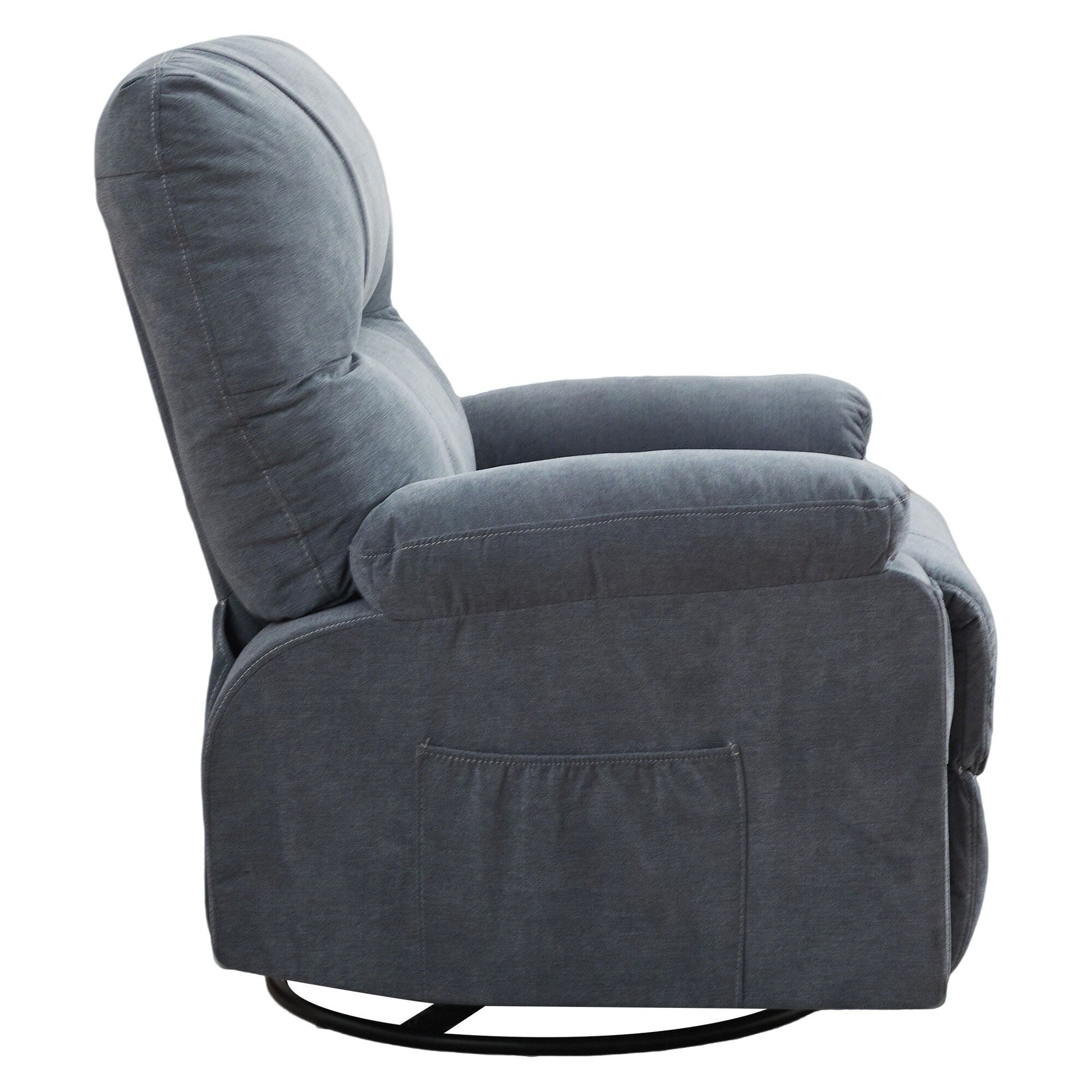Fauteuil inclinable manuel pivotant à 360 degrés, chaise de salon en tissu avec repose-pieds escamotable et poches latérales.