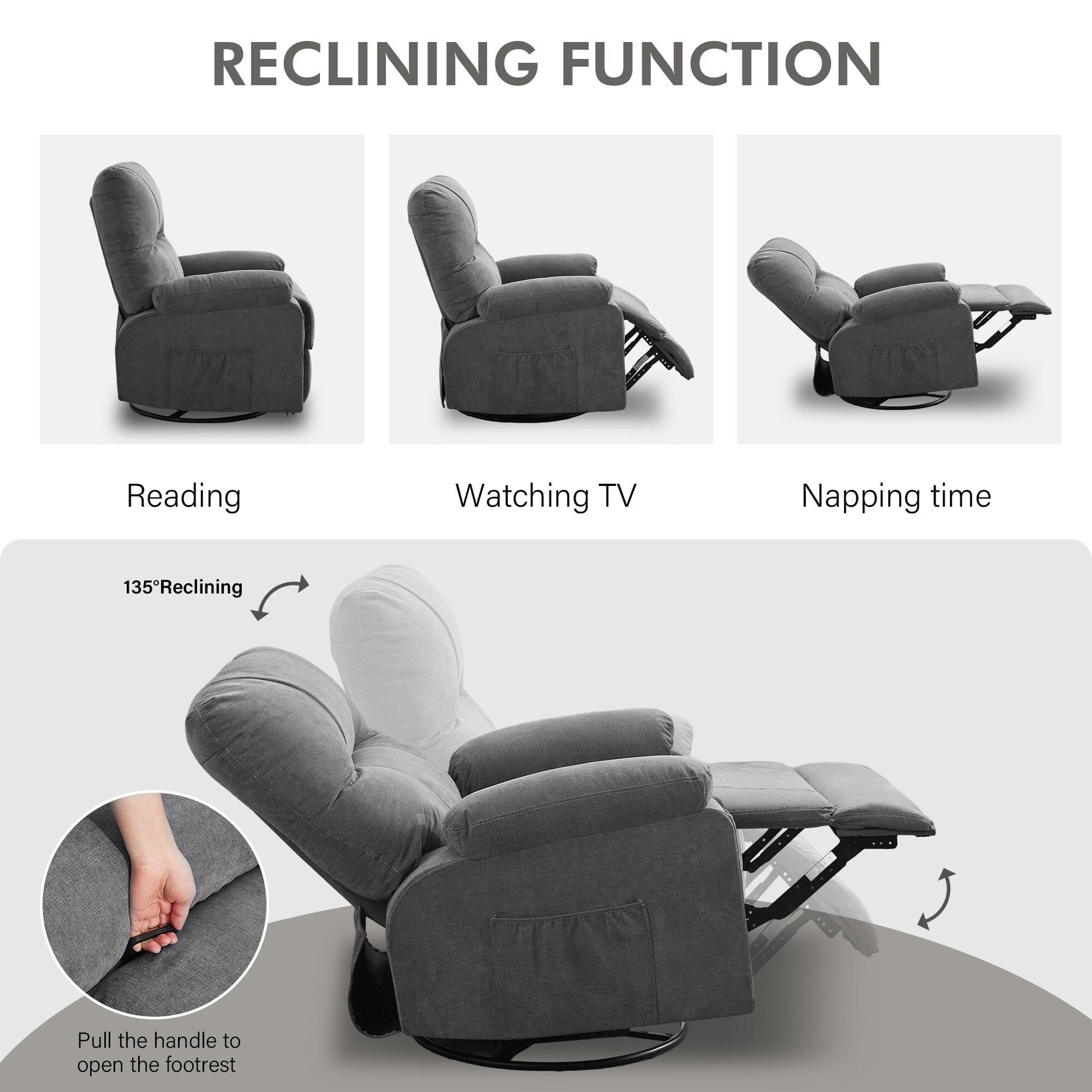 Fauteuil inclinable manuel pivotant à 360 degrés, chaise de salon en tissu avec repose-pieds escamotable et poches latérales.