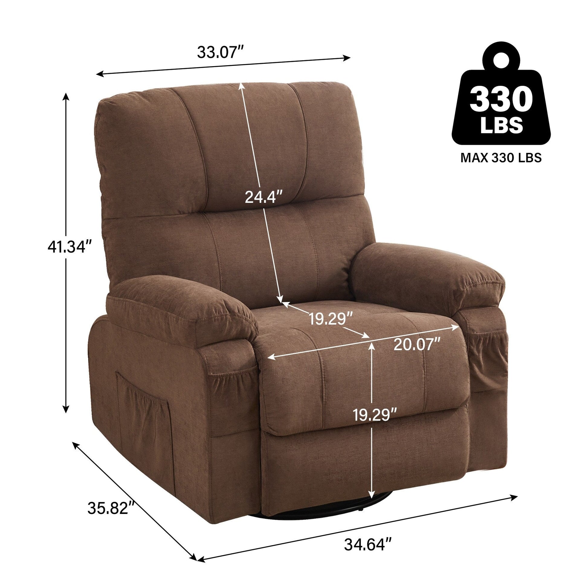 Fauteuil inclinable manuel pivotant à 360 degrés, chaise de salon en tissu avec repose-pieds escamotable et poches latérales.