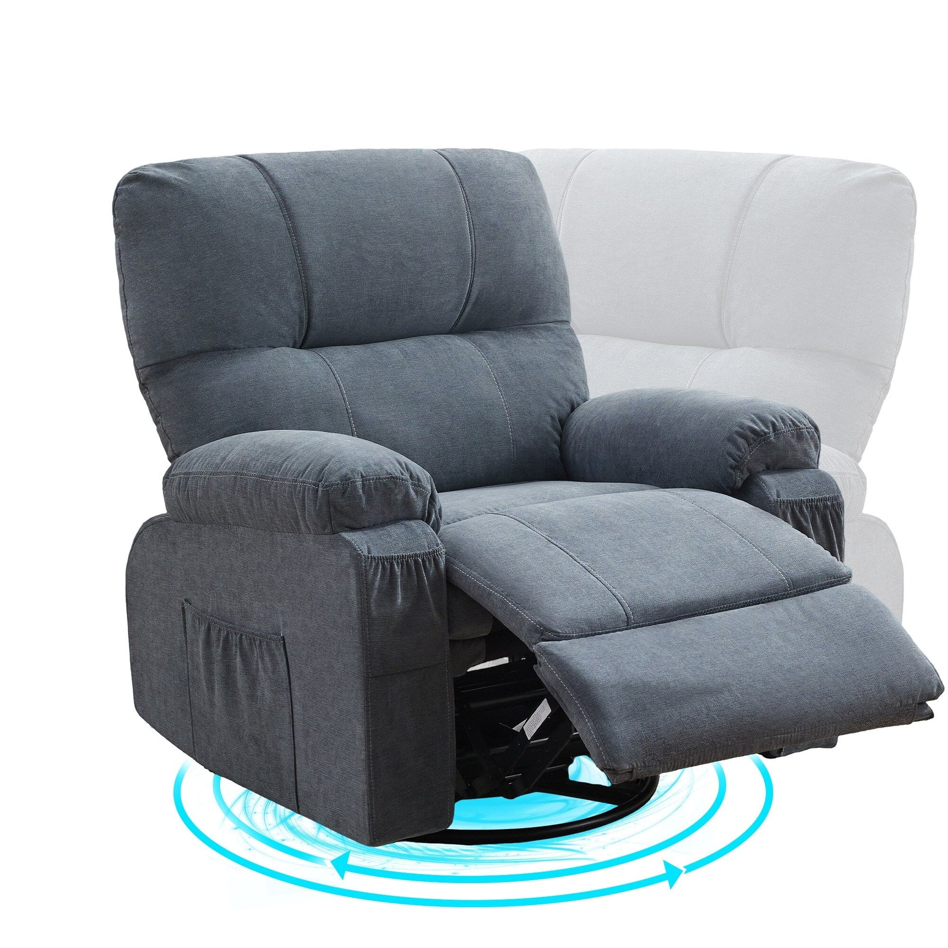 Fauteuil inclinable manuel pivotant à 360 degrés, chaise de salon en tissu avec repose-pieds escamotable et poches latérales.